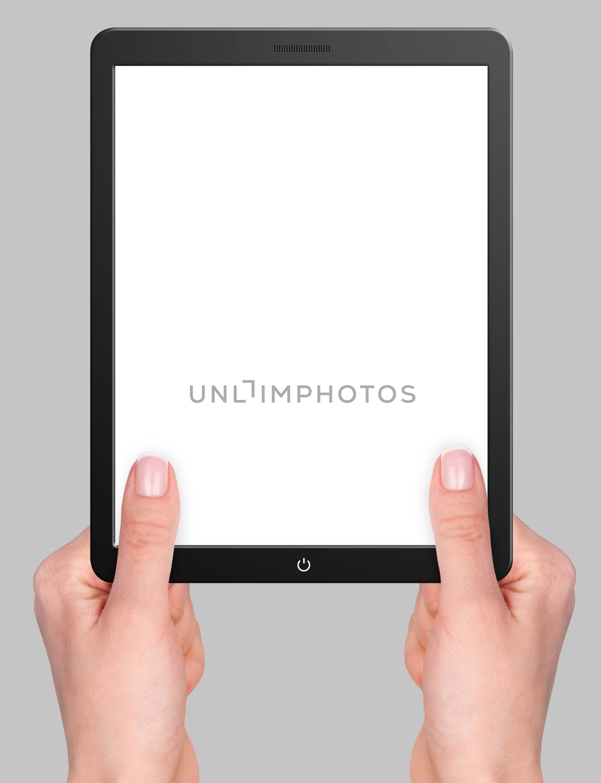 Modern computer tablet with hands. Isolated on grey background
