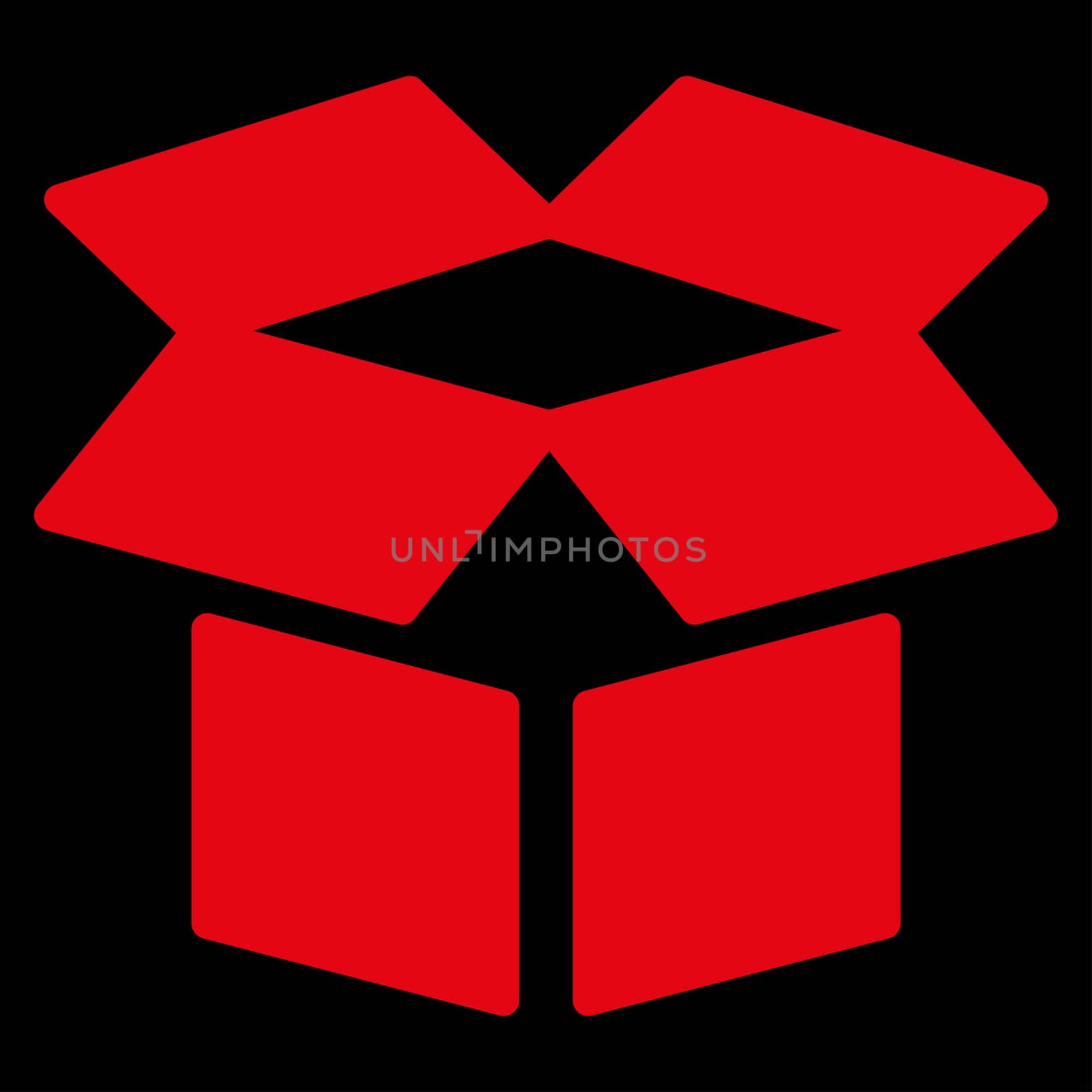 Open Box raster icon. Style is flat symbol, red color, rounded angles, black background.