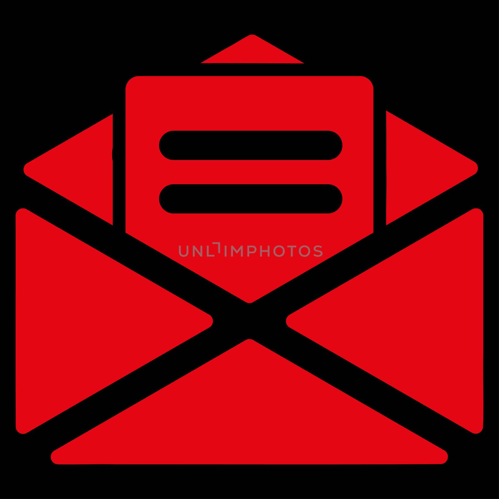 Open Mail raster icon. Style is flat symbol, red color, rounded angles, black background.