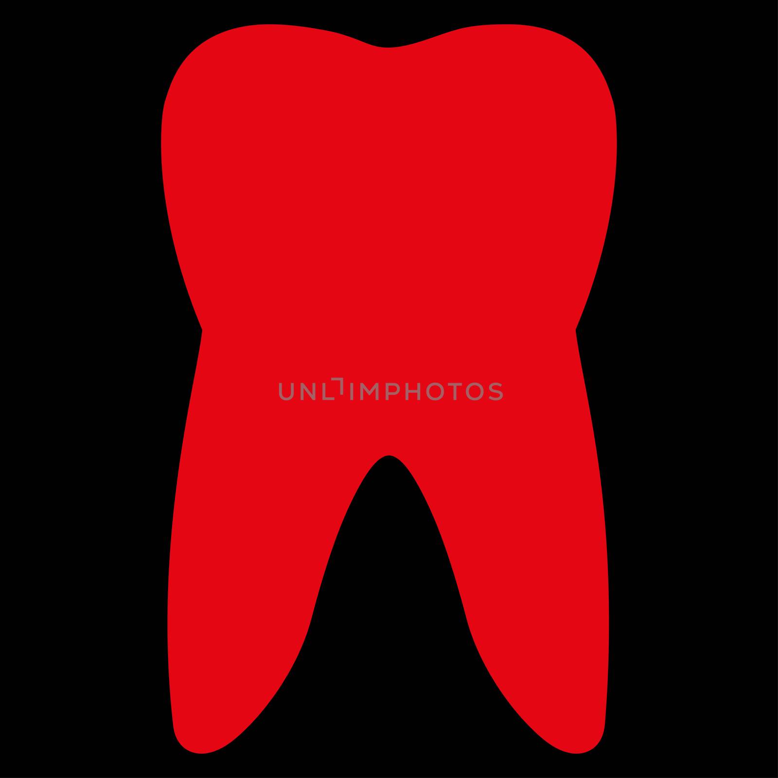 Tooth raster icon. Style is flat symbol, red color, rounded angles, black background.