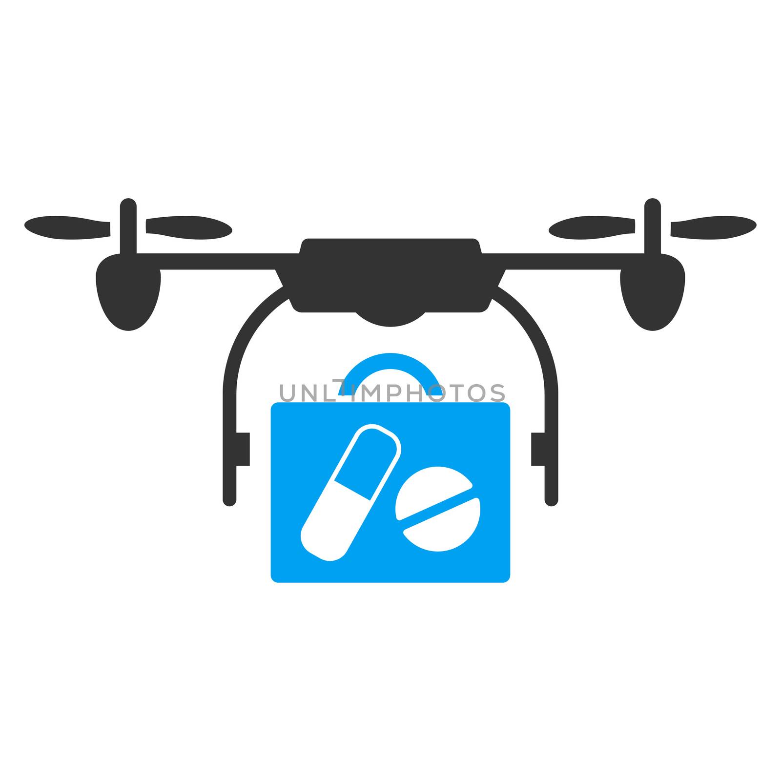 Medical Drone Shipment raster icon. Style is bicolor flat symbol, blue and gray colors, rounded angles, white background.