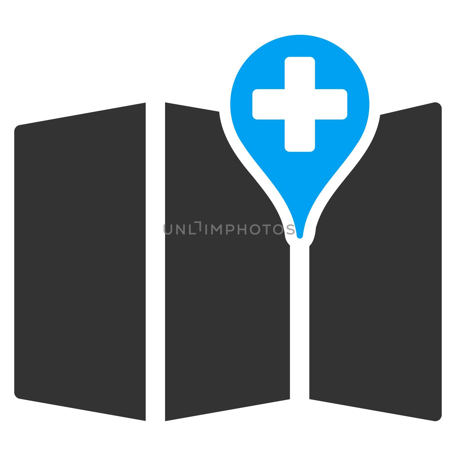 Medical Map raster icon. Style is bicolor flat symbol, blue and gray colors, rounded angles, white background.