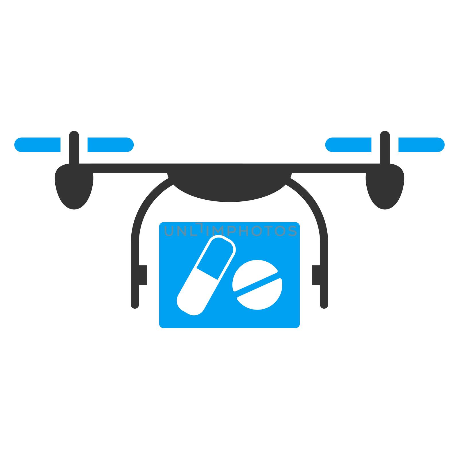 Medical Quadcopter raster icon. Style is bicolor flat symbol, blue and gray colors, rounded angles, white background.