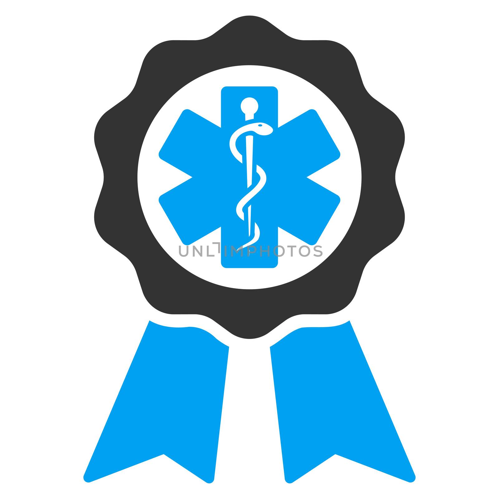 Medical Seal raster icon. Style is bicolor flat symbol, blue and gray colors, rounded angles, white background.