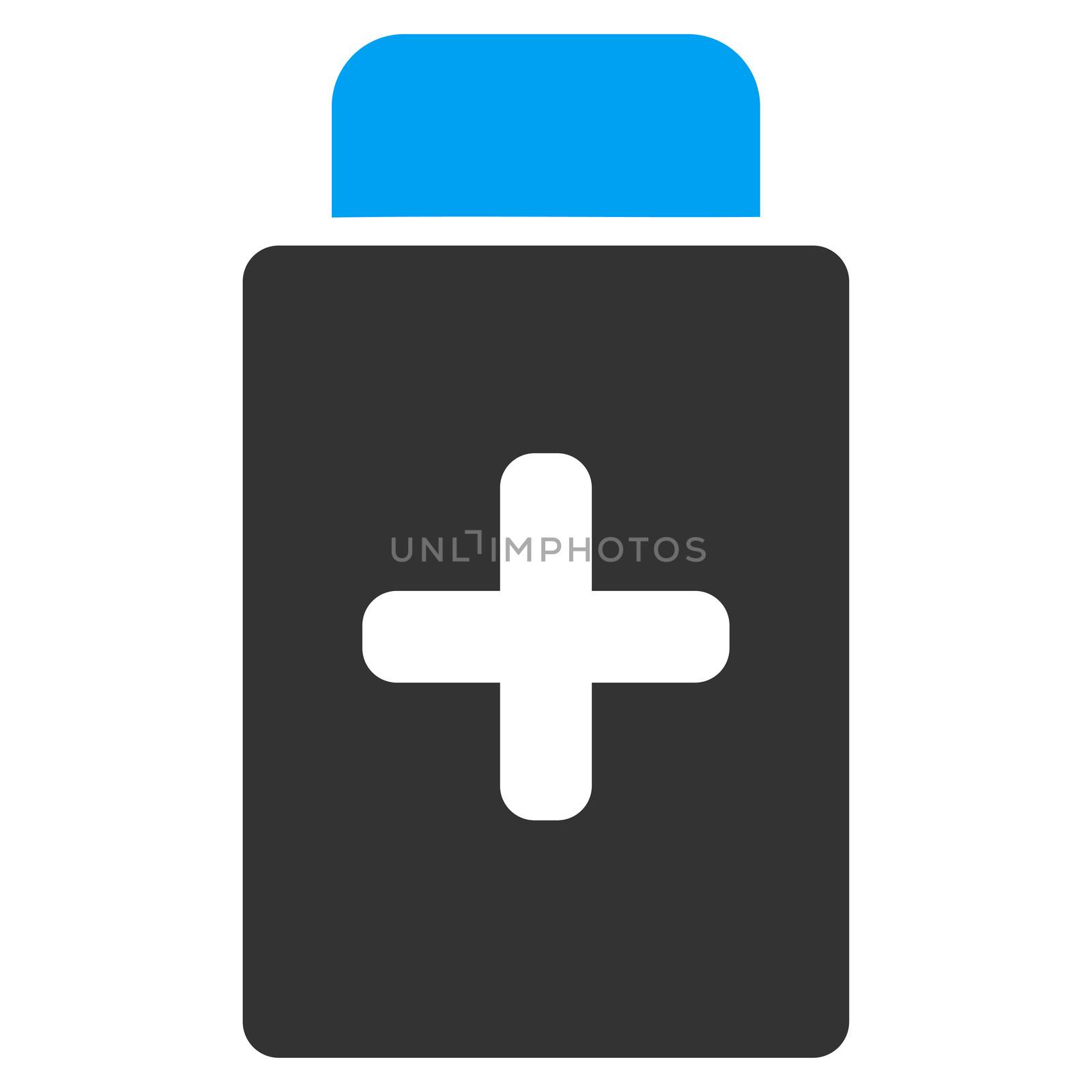 Medication Bottle raster icon. Style is bicolor flat symbol, blue and gray colors, rounded angles, white background.
