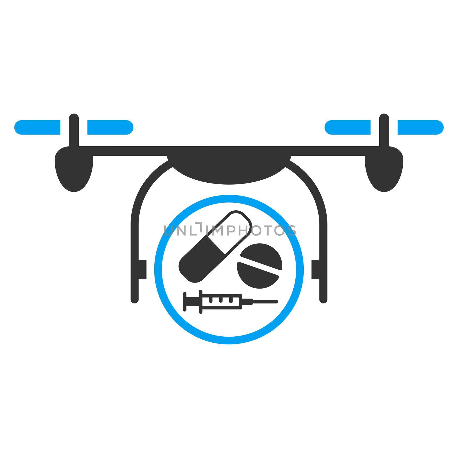 Medication Quadcopter raster icon. Style is bicolor flat symbol, blue and gray colors, rounded angles, white background.