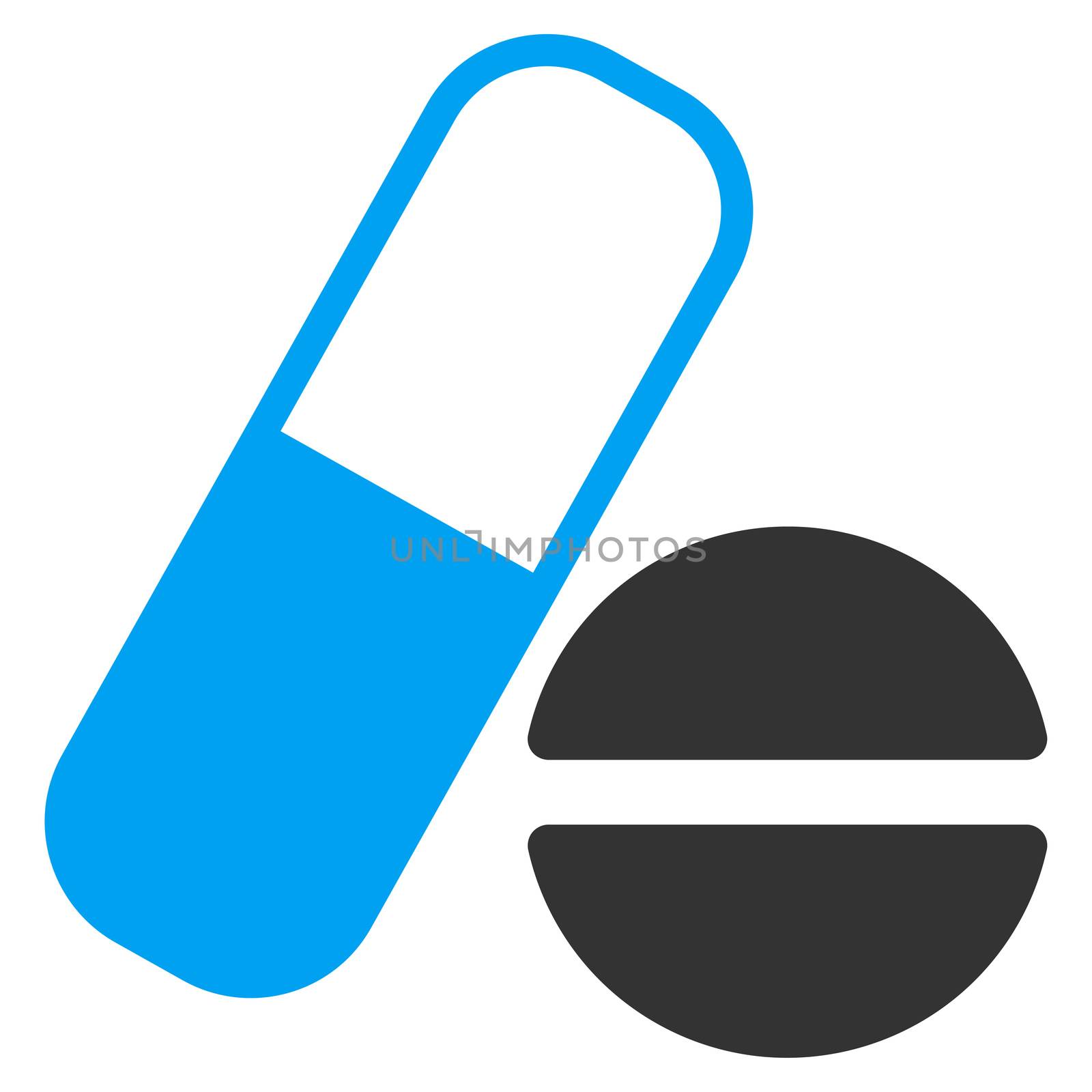 Medication raster icon. Style is bicolor flat symbol, blue and gray colors, rounded angles, white background.