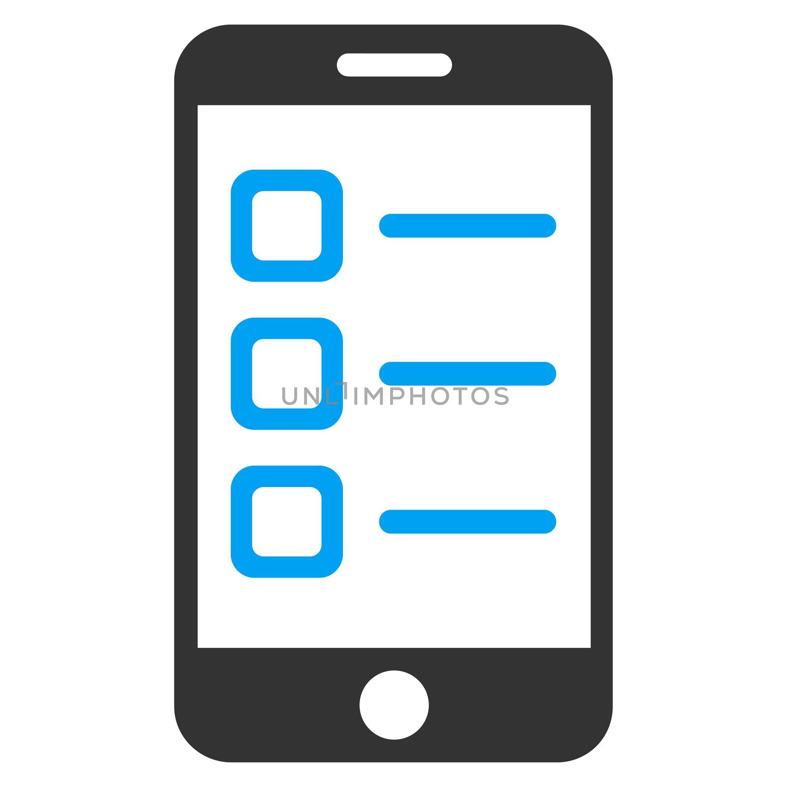 Mobile List raster icon. Style is bicolor flat symbol, blue and gray colors, rounded angles, white background.