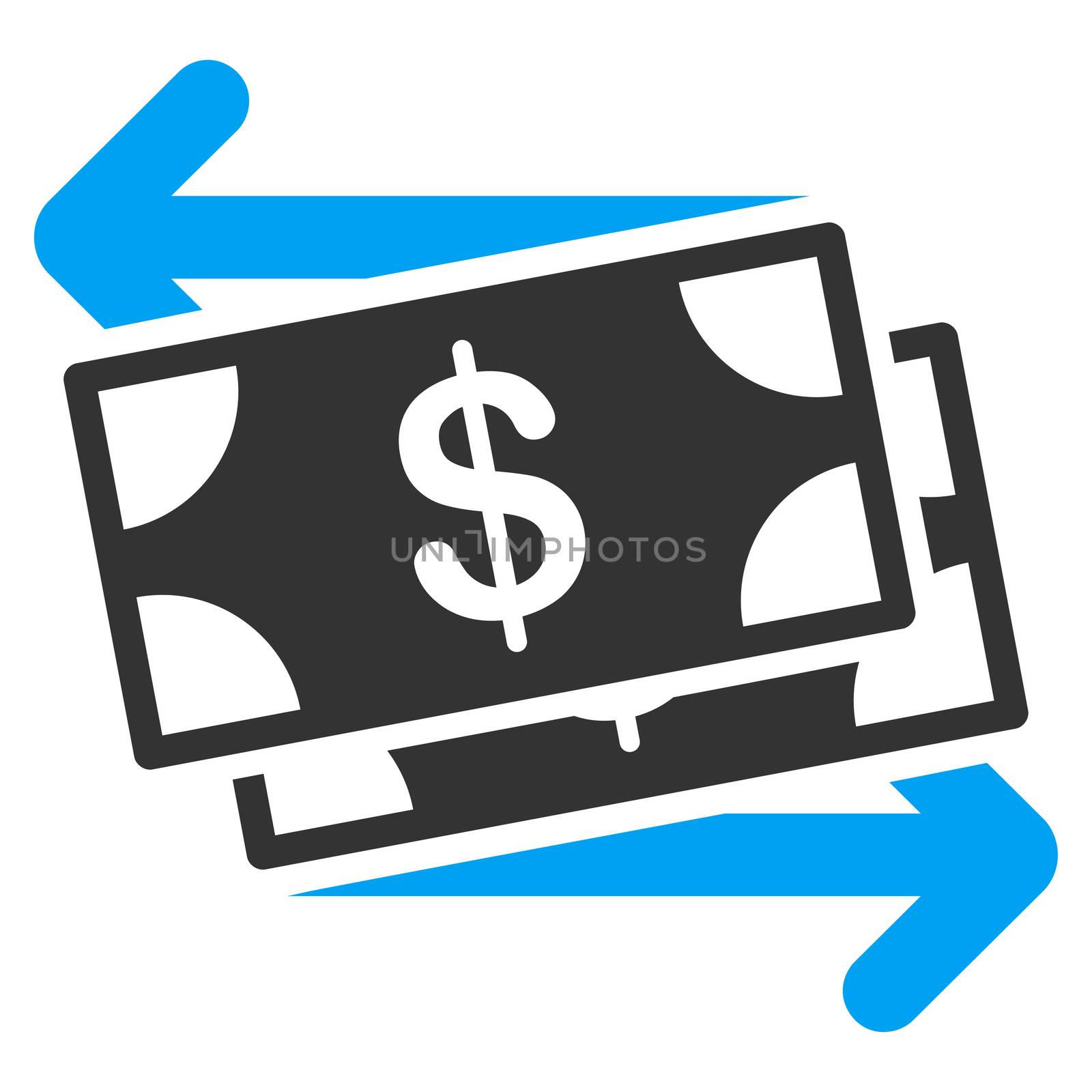 Money Exchange raster icon. Style is bicolor flat symbol, blue and gray colors, rounded angles, white background.