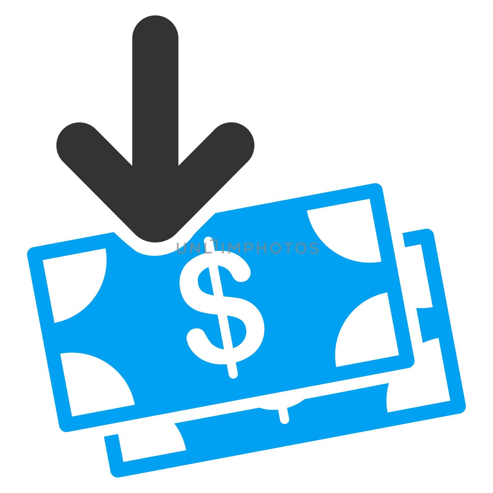Money Income raster icon. Style is bicolor flat symbol, blue and gray colors, rounded angles, white background.