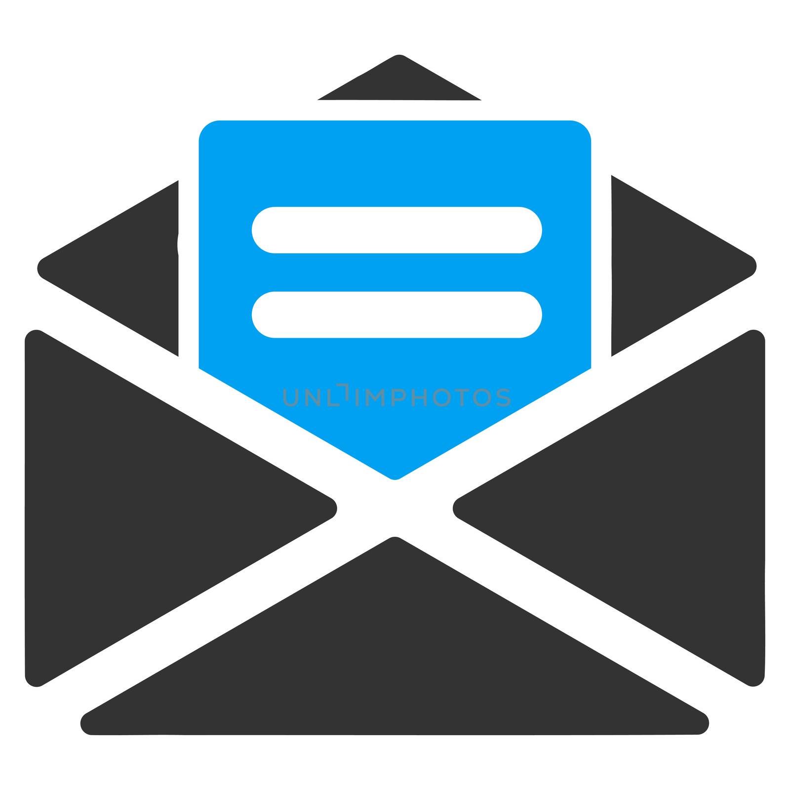 Open Mail raster icon. Style is bicolor flat symbol, blue and gray colors, rounded angles, white background.