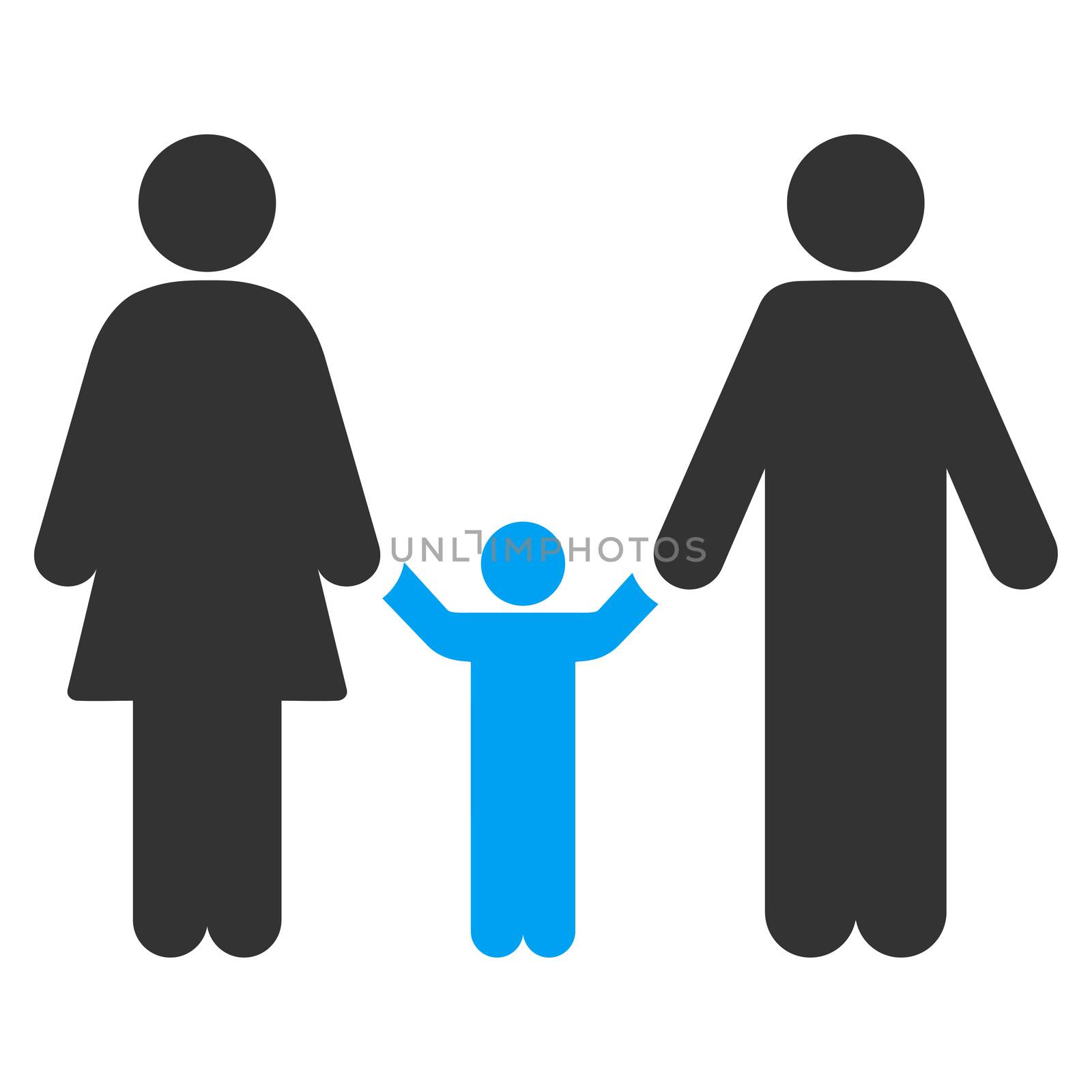 Parents And Child raster icon. Style is bicolor flat symbol, blue and gray colors, rounded angles, white background.