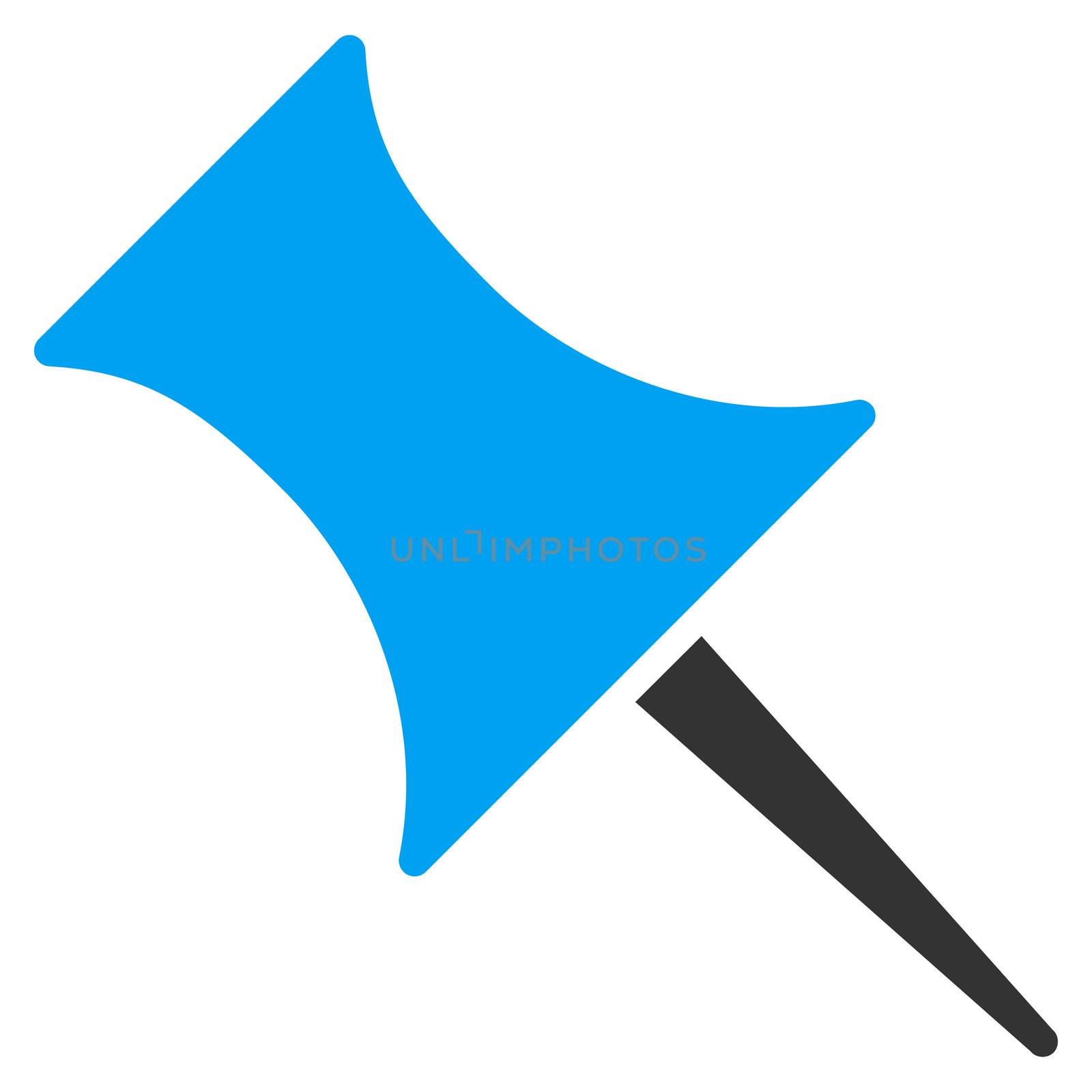 Pin raster icon. Style is bicolor flat symbol, blue and gray colors, rounded angles, white background.