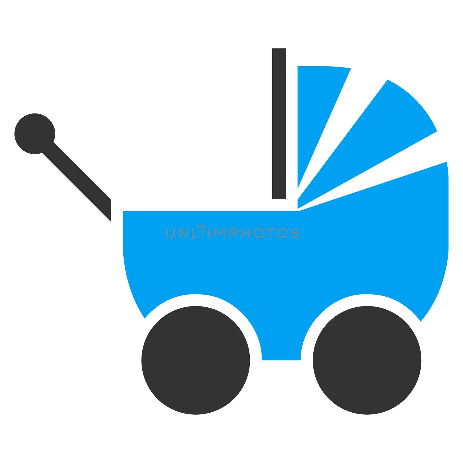 Pram raster icon. Style is bicolor flat symbol, blue and gray colors, rounded angles, white background.