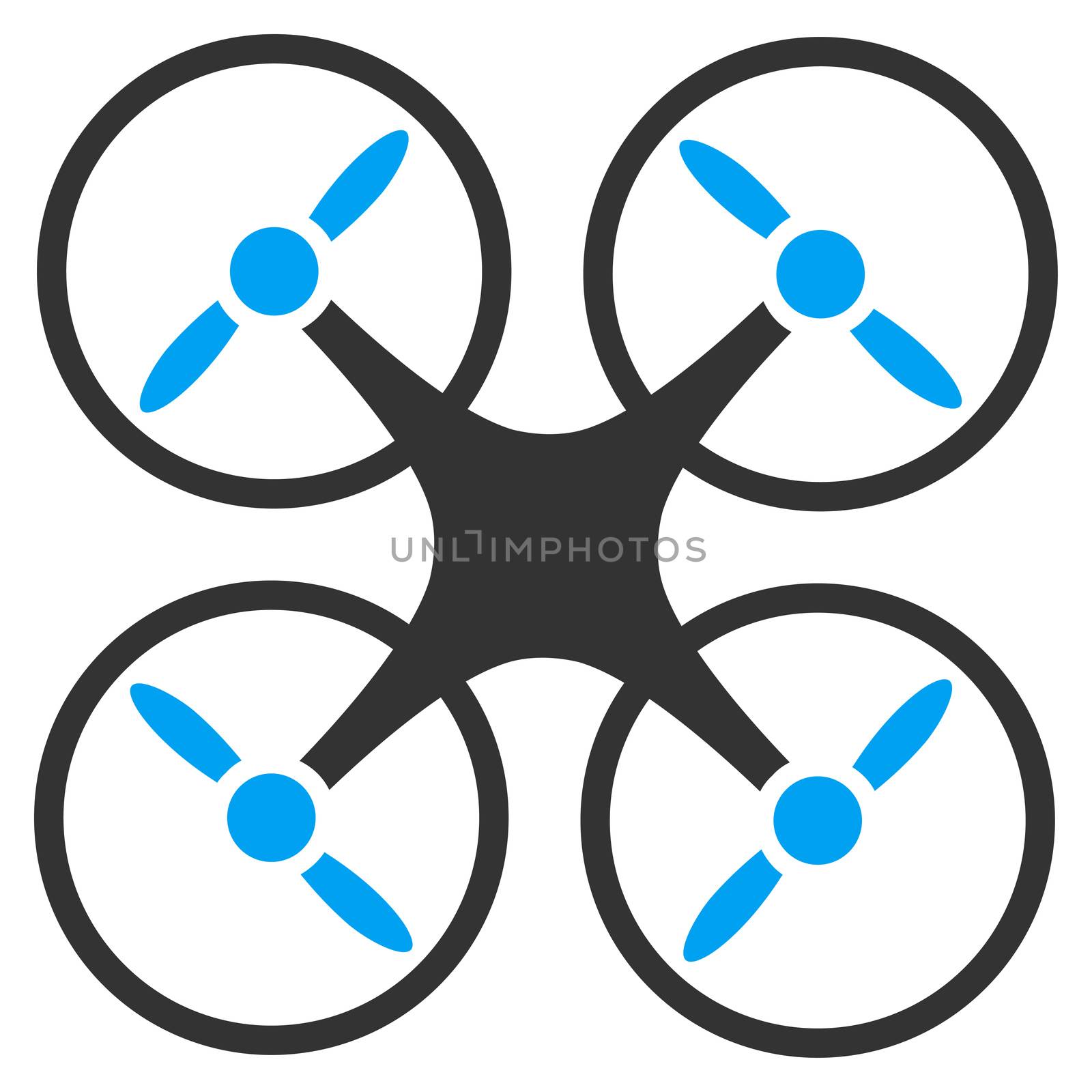 Quadcopter raster icon. Style is bicolor flat symbol, blue and gray colors, rounded angles, white background.