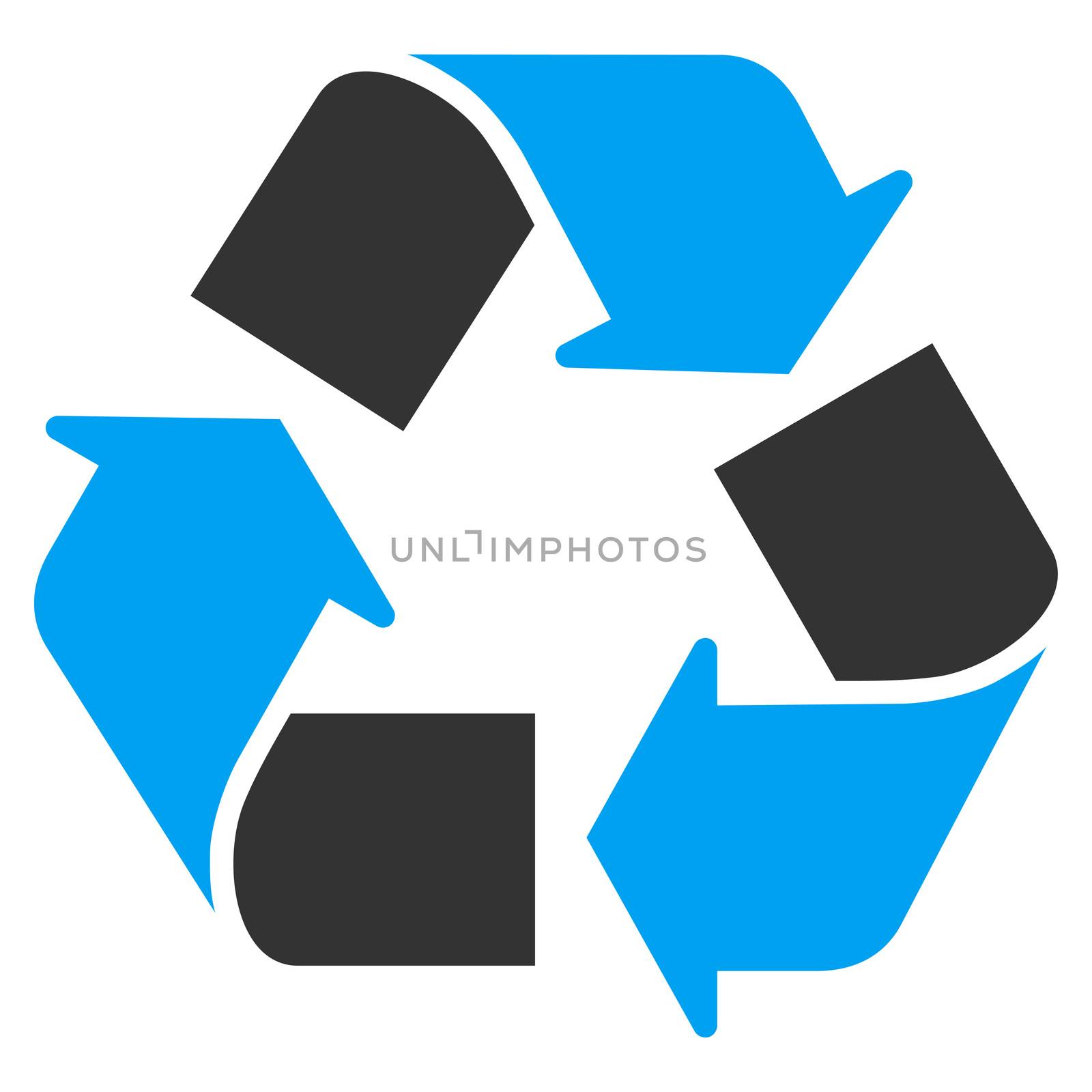 Recycle raster icon. Style is bicolor flat symbol, blue and gray colors, rounded angles, white background.