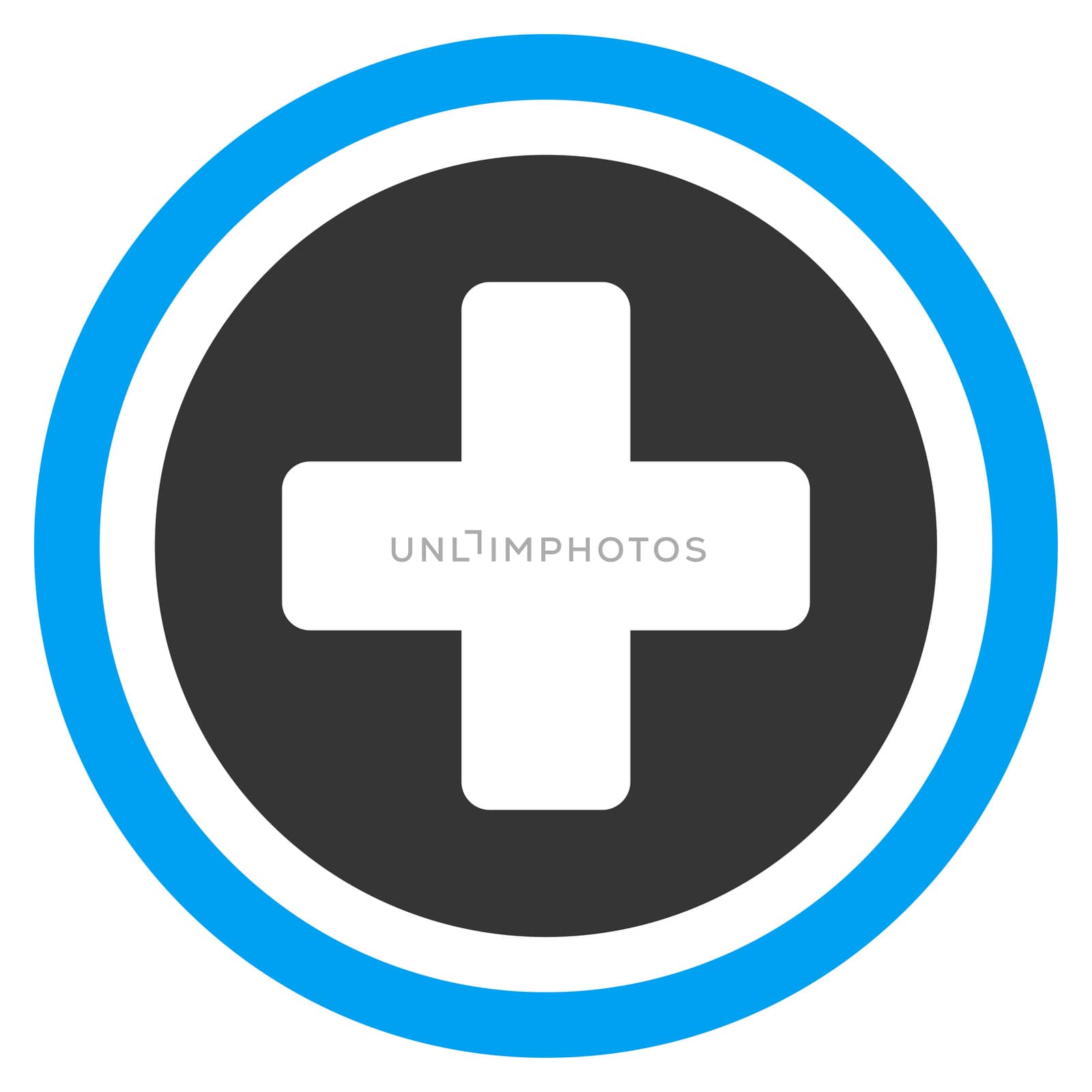 Rounded Cross raster icon. Style is bicolor flat symbol, blue and gray colors, rounded angles, white background.