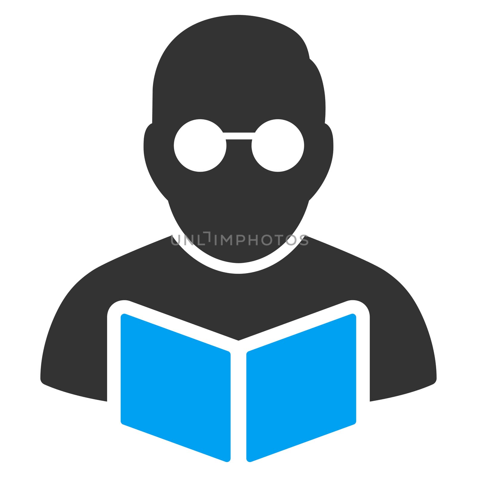 Student Reading Book raster icon. Style is bicolor flat symbol, blue and gray colors, rounded angles, white background.