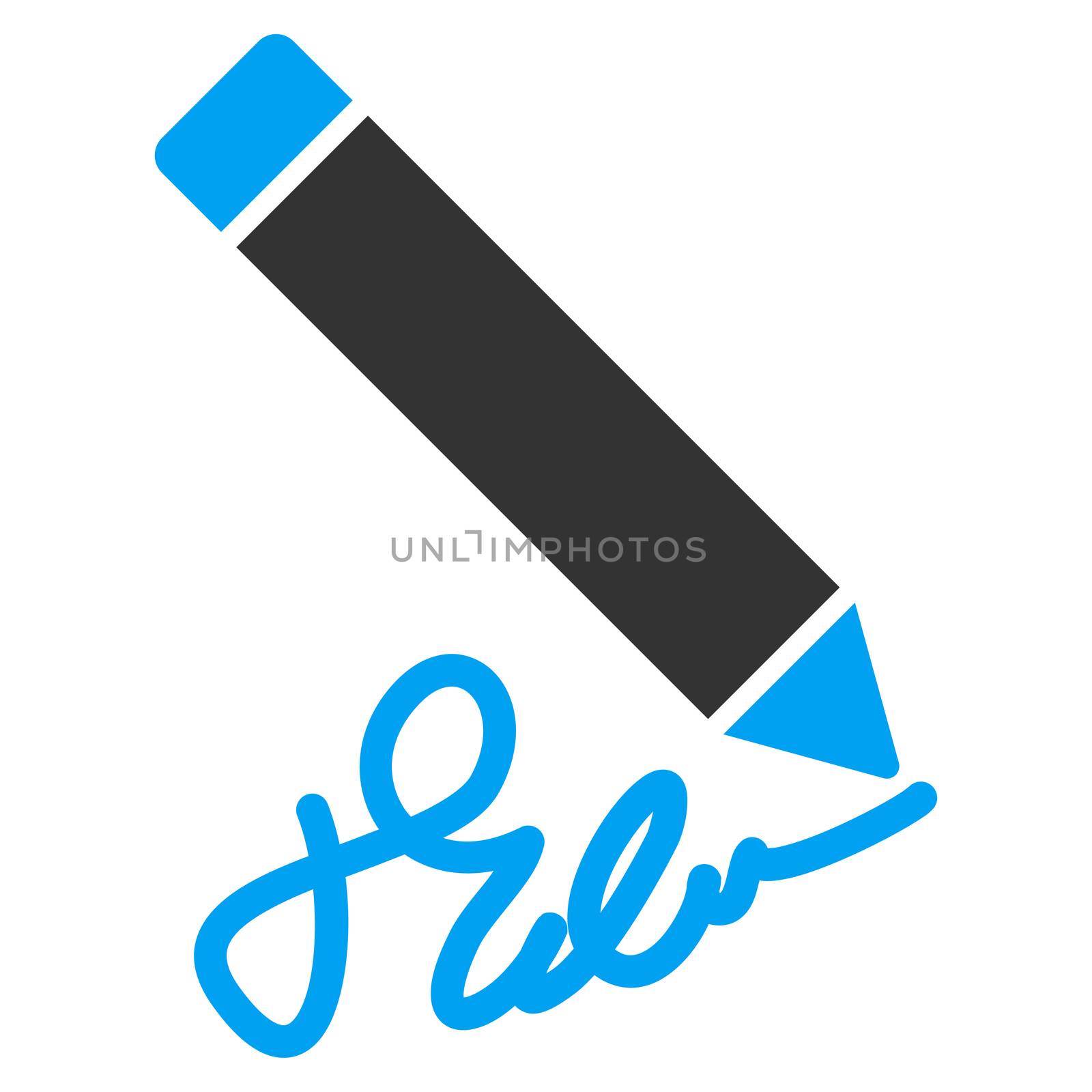 Writing Pencil raster icon. Style is bicolor flat symbol, blue and gray colors, rounded angles, white background.