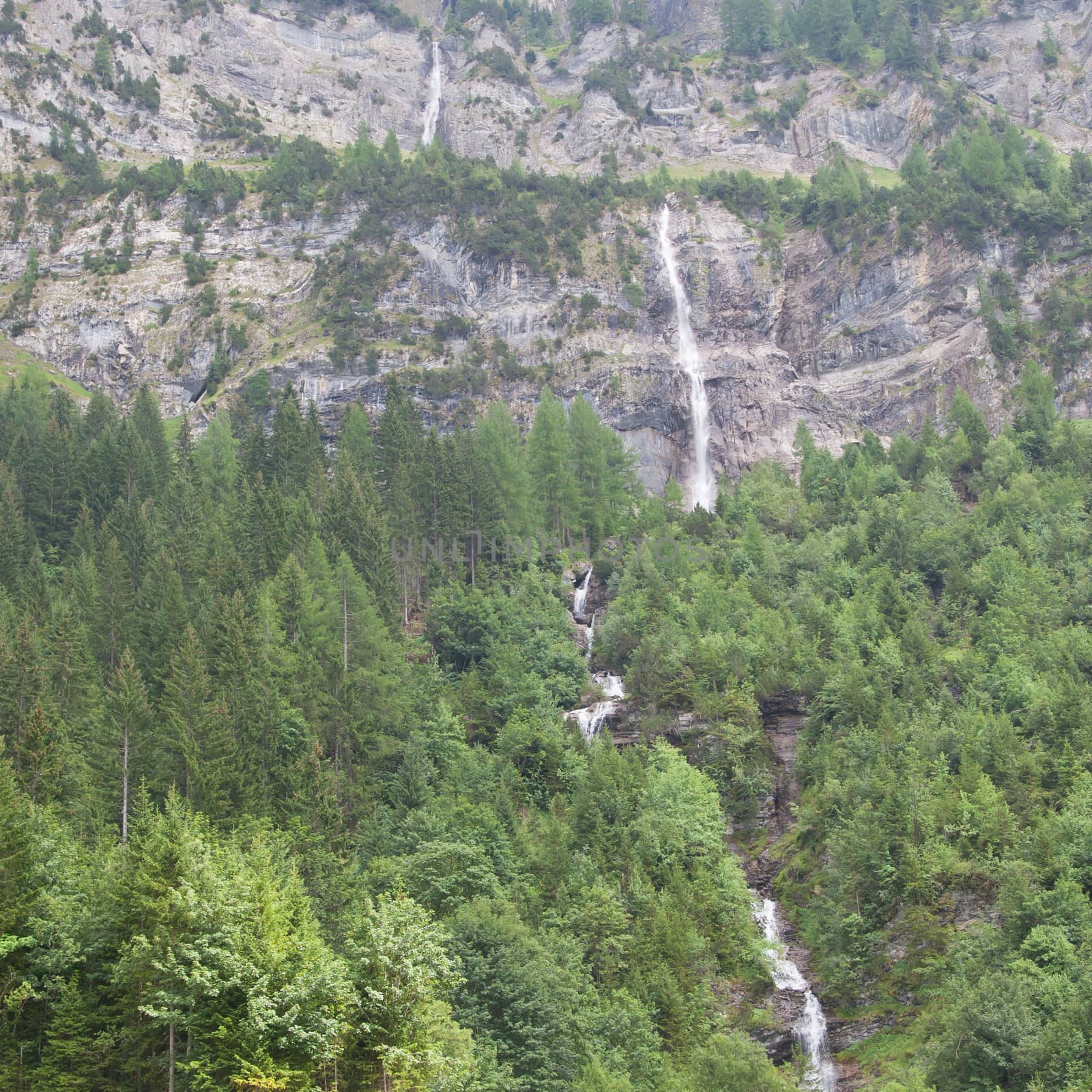 Waterfall in the forest, raging water in Switzerland