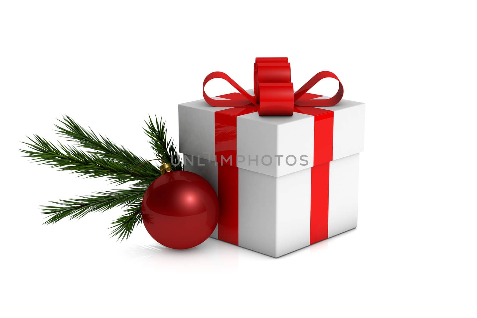 Christmas gift box with decorations and branch fir tree on a white background