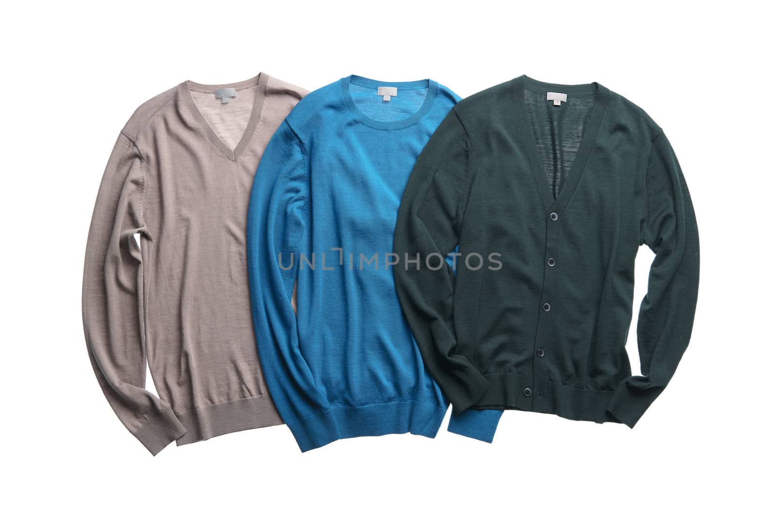 Three different color sweters; light gray, light blue and dark green.