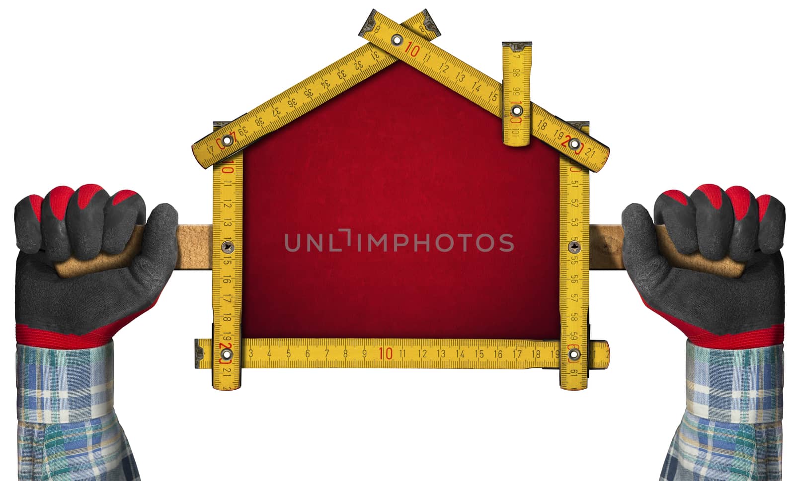 Hands with work gloves holding a wooden meter ruler in the shape of house isolated on white background. Concept of house project 