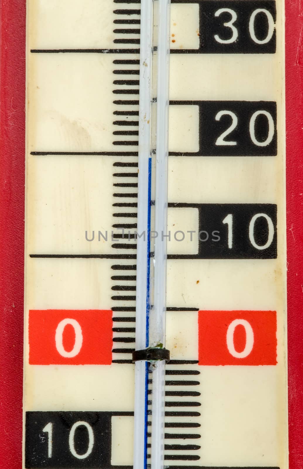 detail of old red plastic spirt retro thermometer