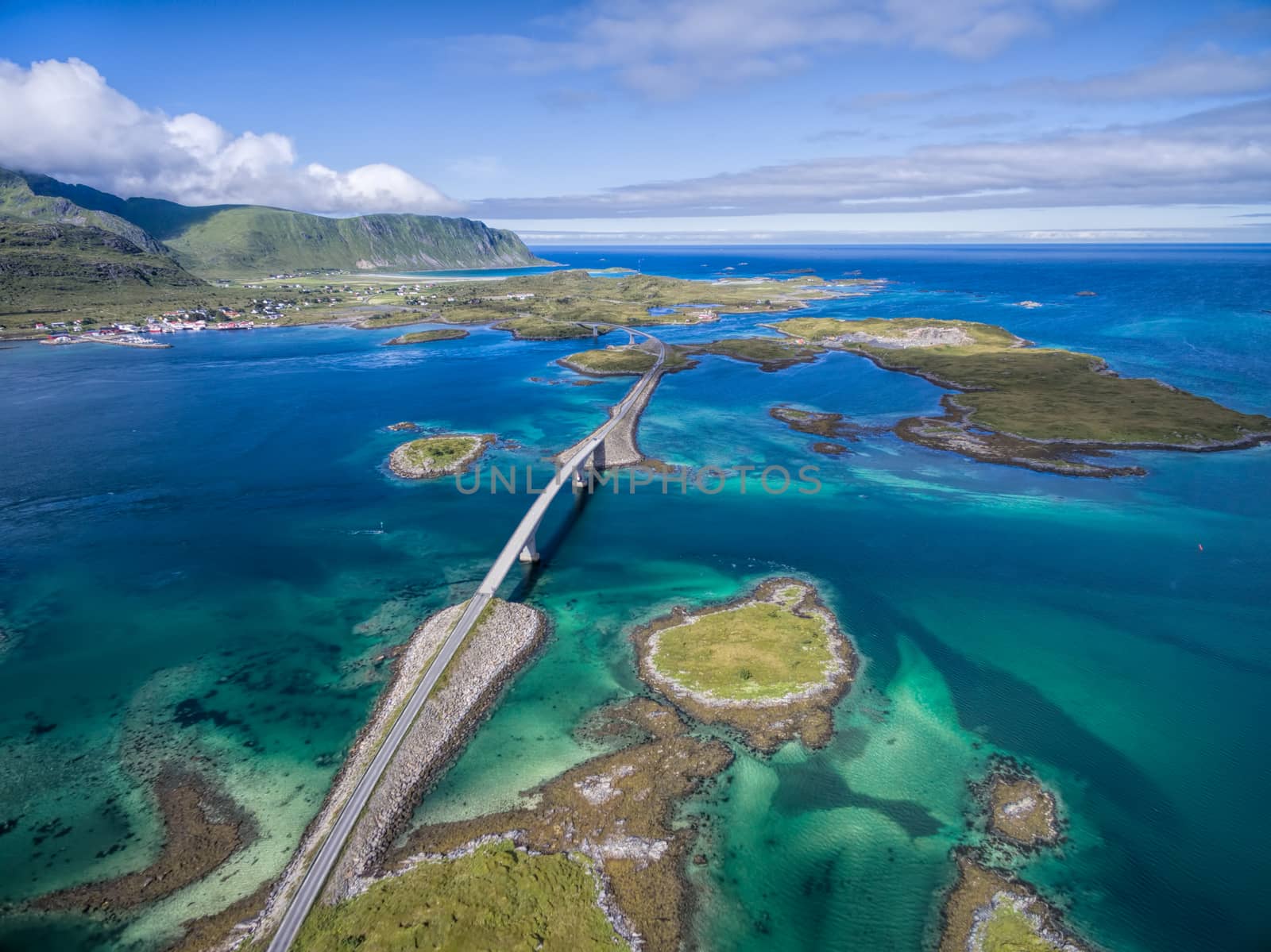 Scenic aerial view of bridges on Lofoten islands in Norway