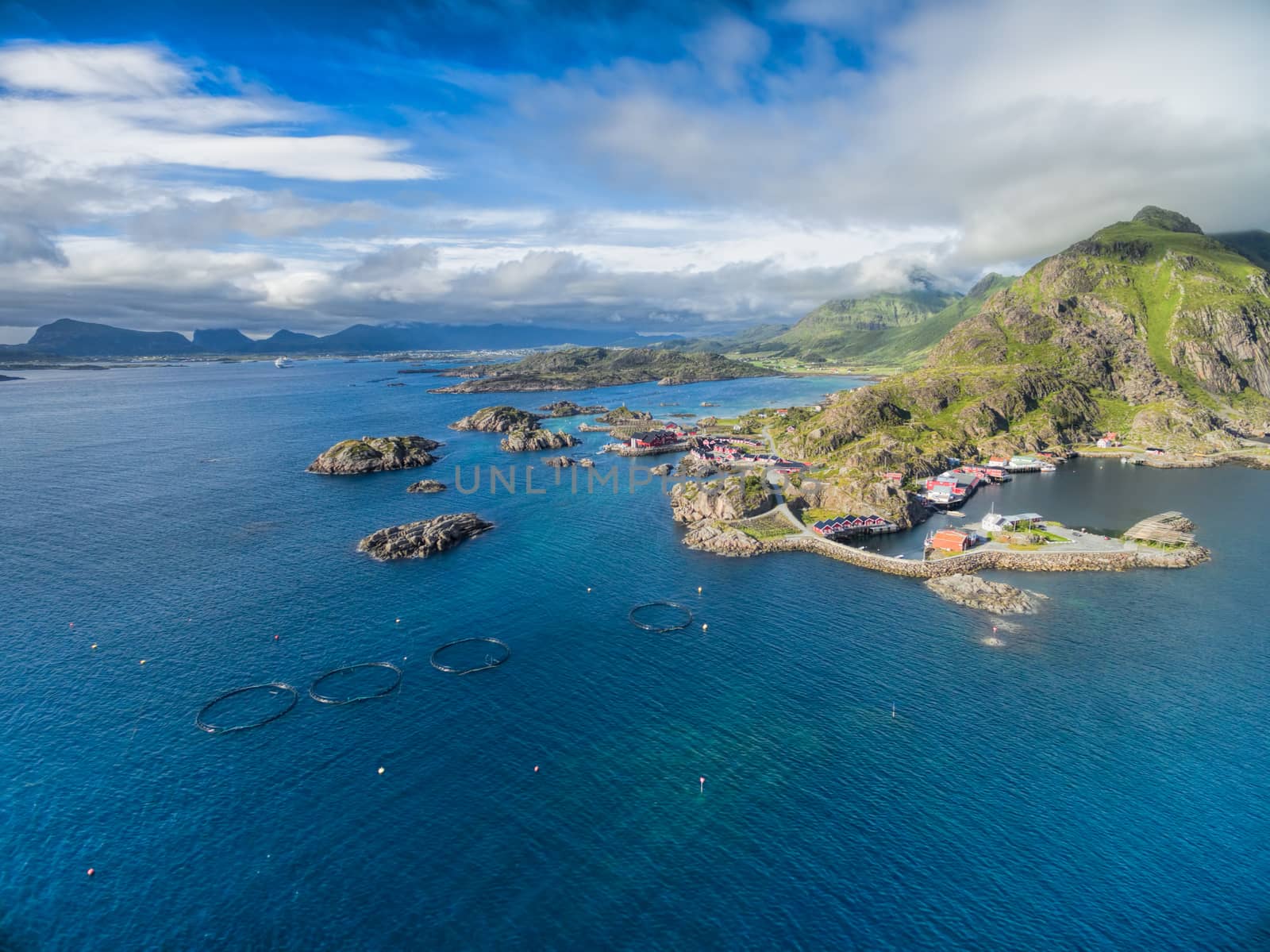 Scenic aerial view of small fishing village Mortsund on Lofoten in Norway