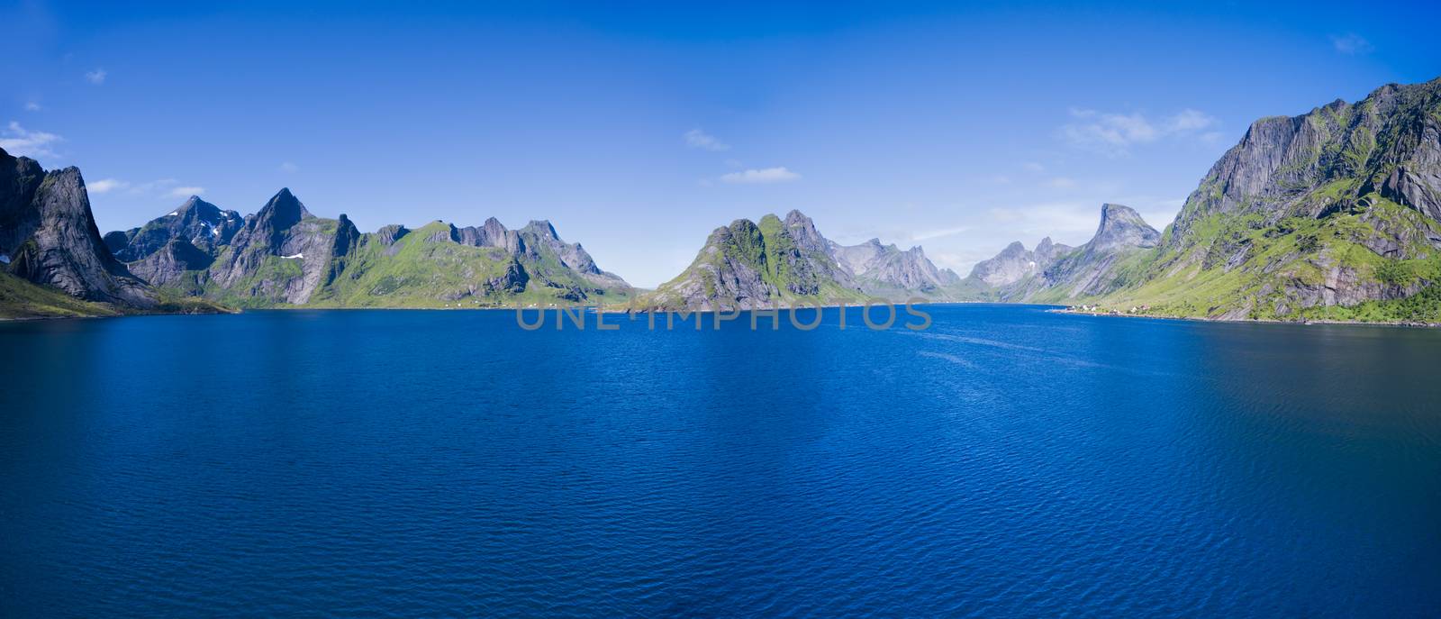 Scenic aerial panorama of beautiful fjord on Lofoten islands in Norway