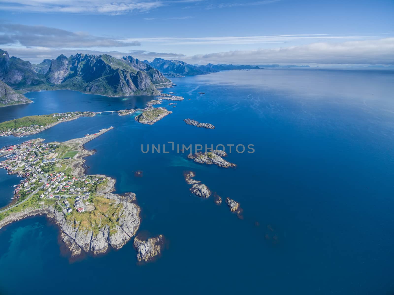Aerial view of rocky coastline of Lofoten islands in Norway