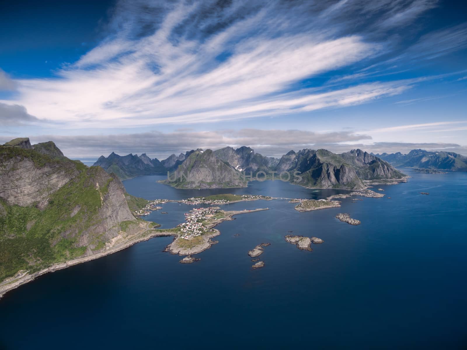 Lofoten islands from air, scenic view of Reine, Norway