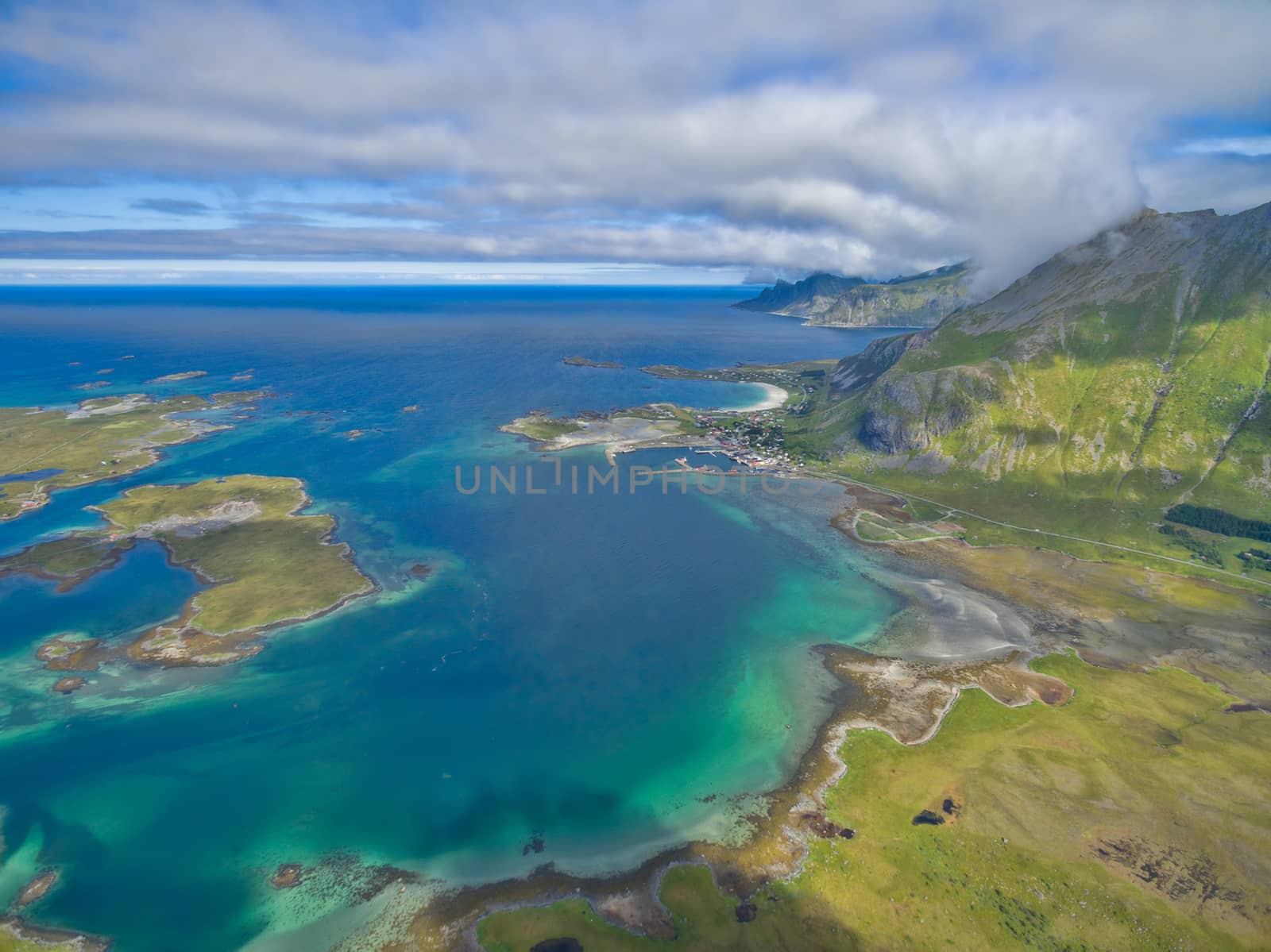 Scenic coastline of beautiful Lofoten islands in Norway, aerial view