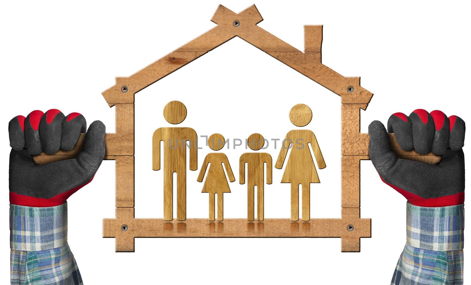 Two hands with work gloves holding a wooden sign in the shape of house with symbol of a family. Isolated on white background
