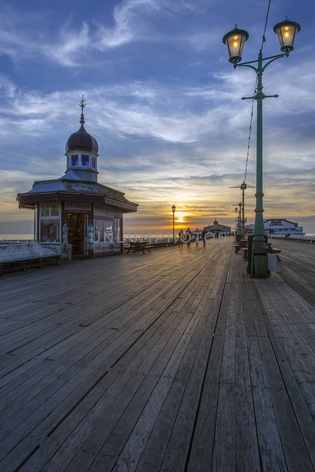 The old North Pier at sunset in Blackpool on the northwest coast of England.