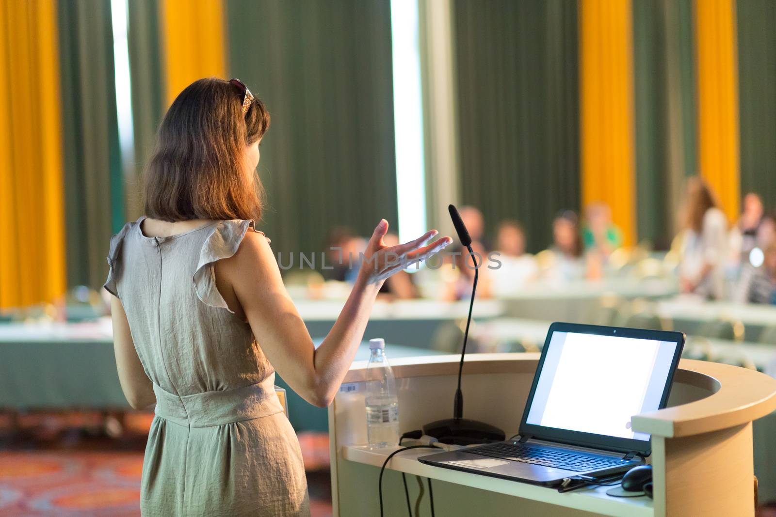 Female speaker at Business Conference and Presentation. Audience at the conference hall. Business and Entrepreneurship. Business woman. Horizontal composition.