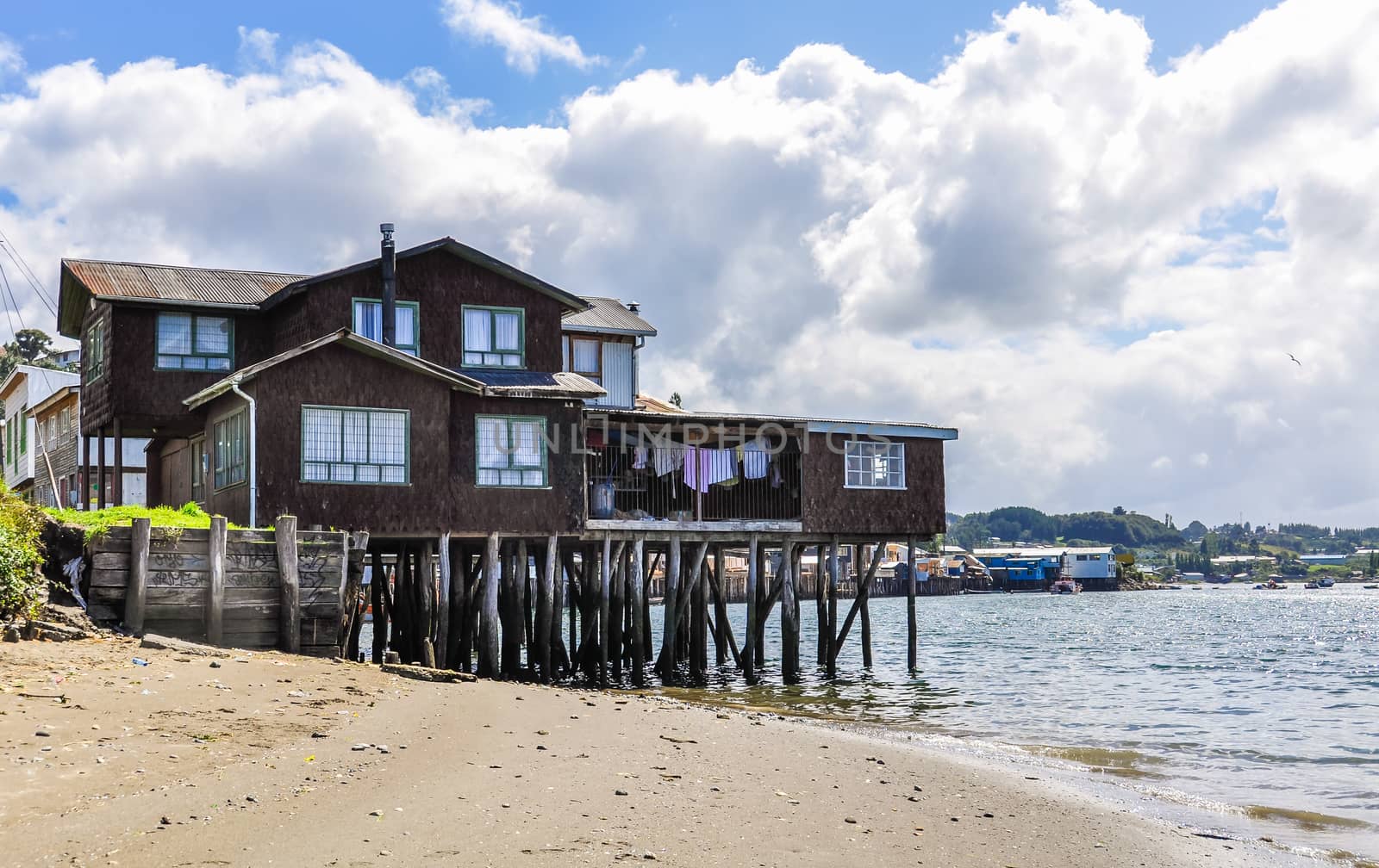 Houses standing on small columns, Chiloe Island, Patagonia, Chile