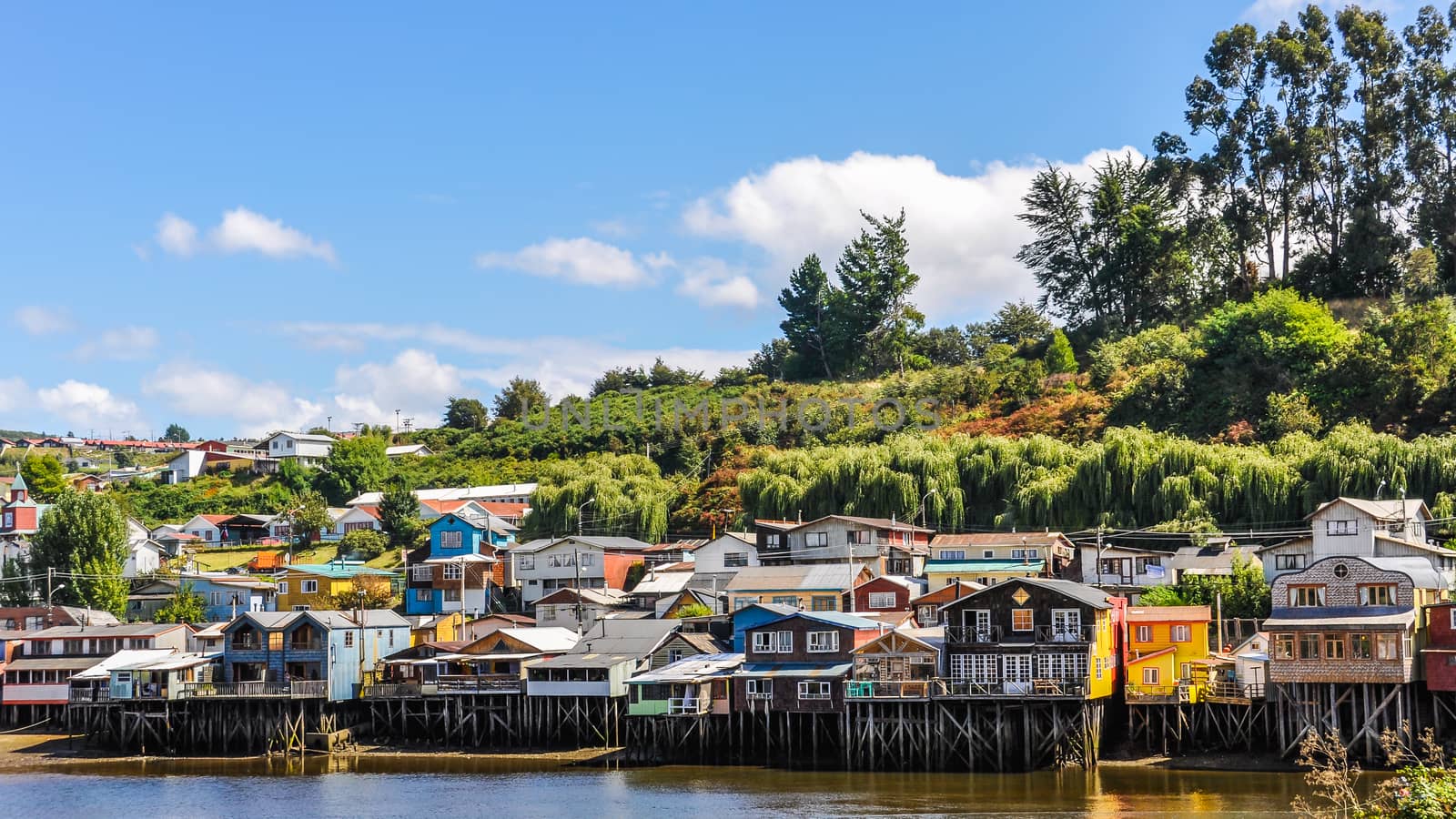 Houses standing on small columns, Chiloe Island, Patagonia, Chile