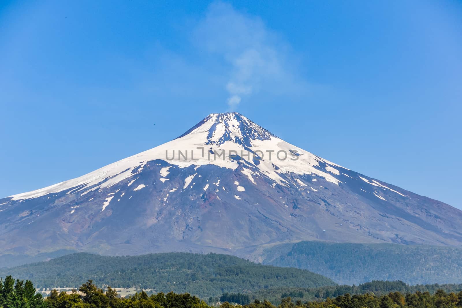 Close view of the smoking Villarrica Volcano, Pucon, Chile