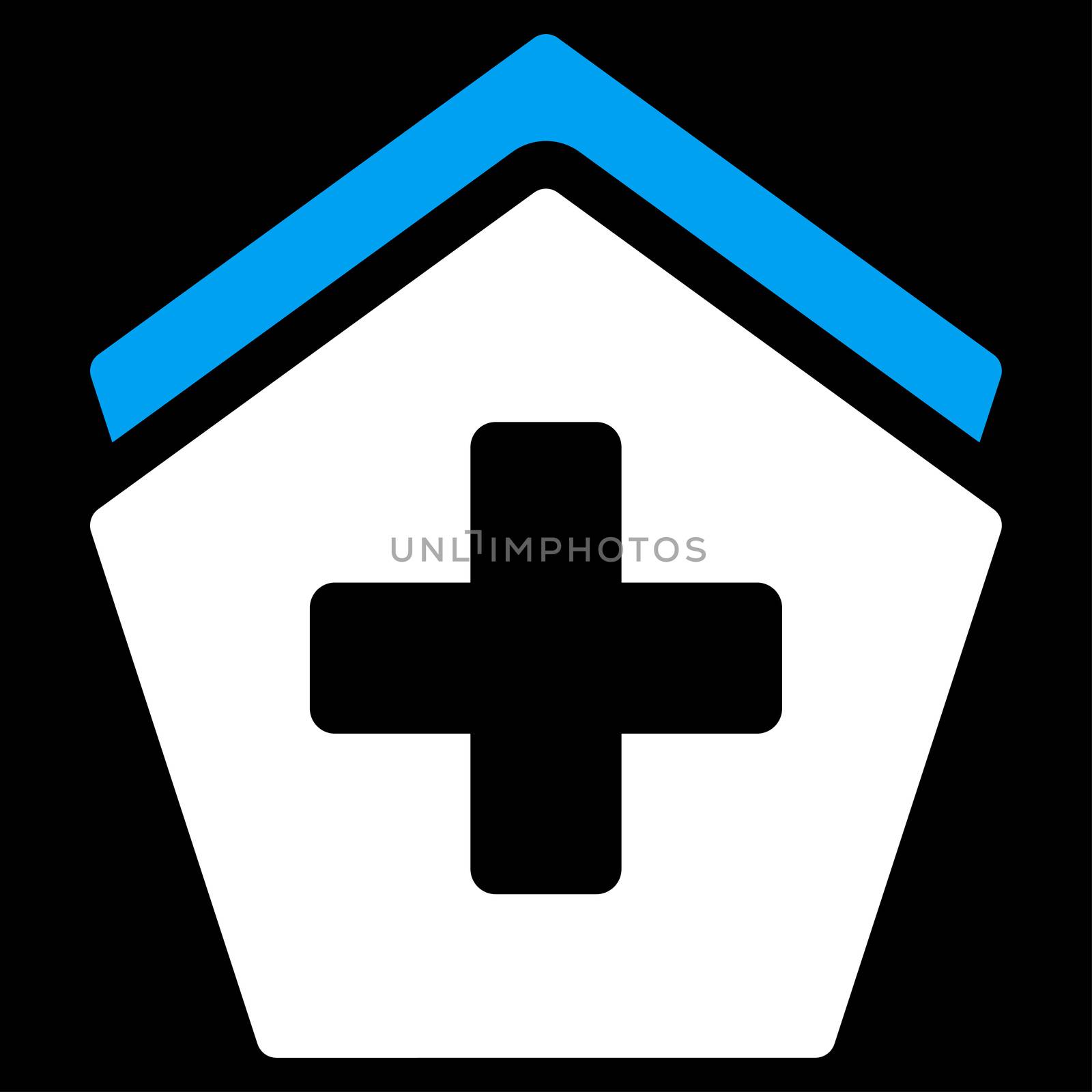 Clinic Building raster icon. Style is bicolor flat symbol, blue and white colors, rounded angles, black background.
