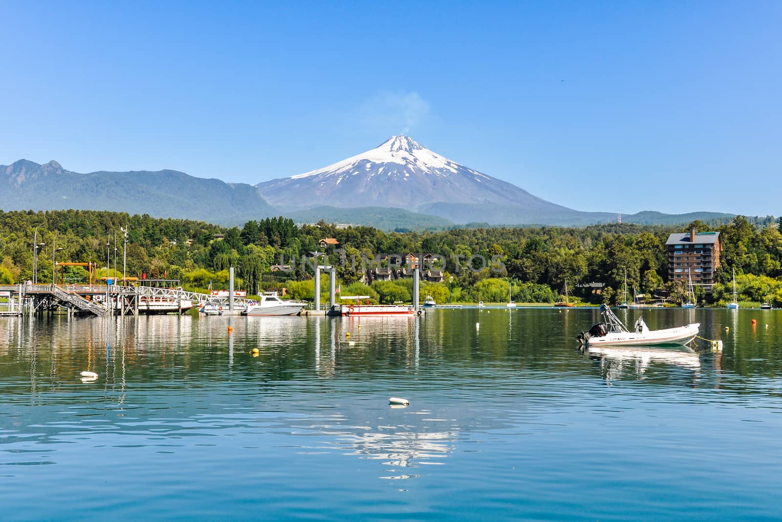 Far view of Villarrica Volcano with reflection, Pucon, Chile