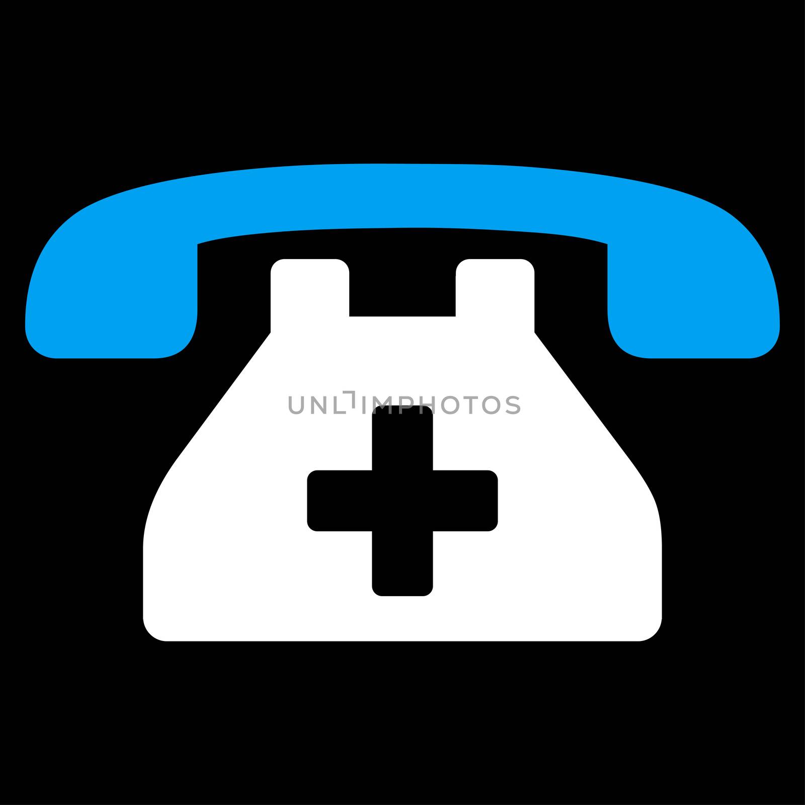 Clinic Phone raster icon. Style is bicolor flat symbol, blue and white colors, rounded angles, black background.