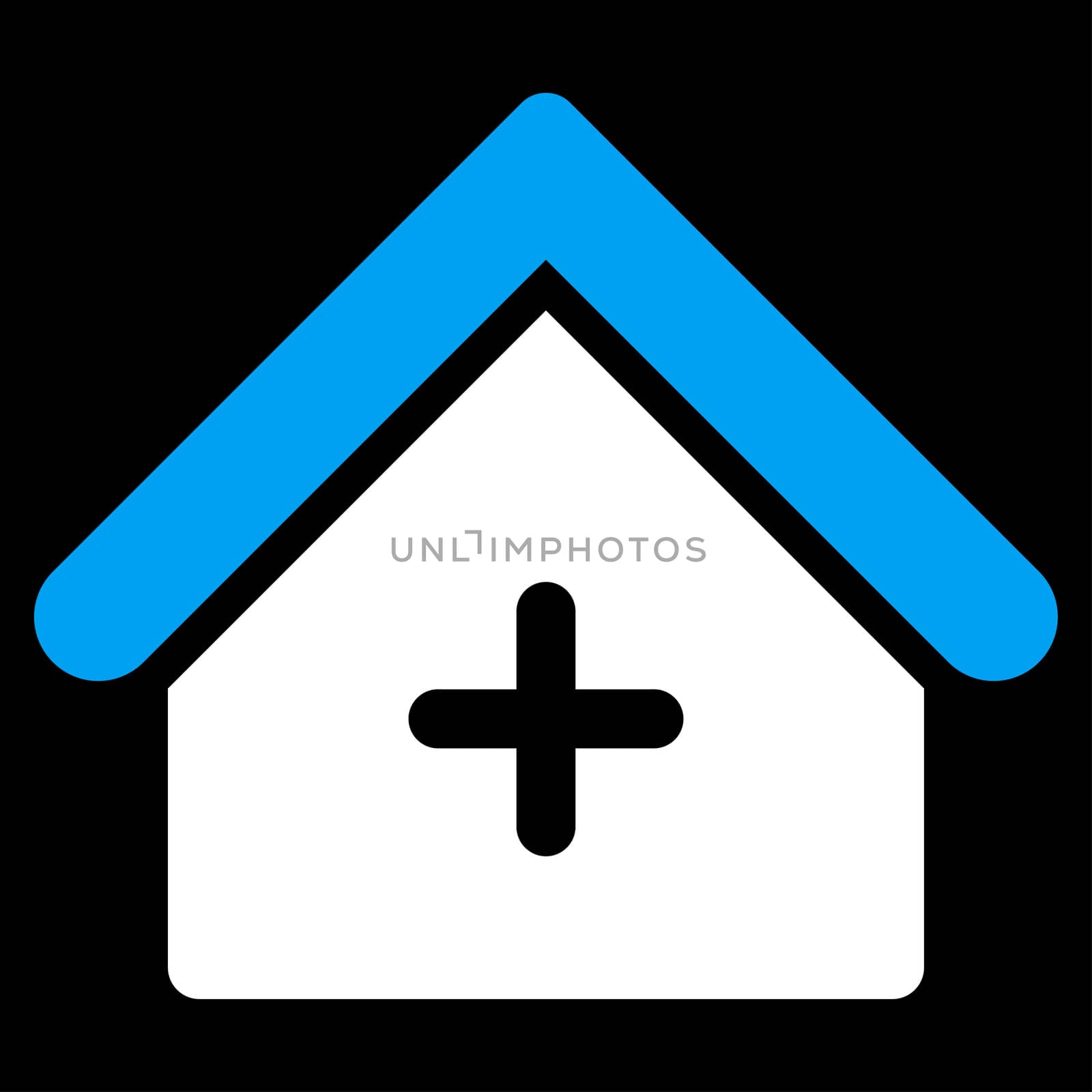 Clinic raster icon. Style is bicolor flat symbol, blue and white colors, rounded angles, black background.