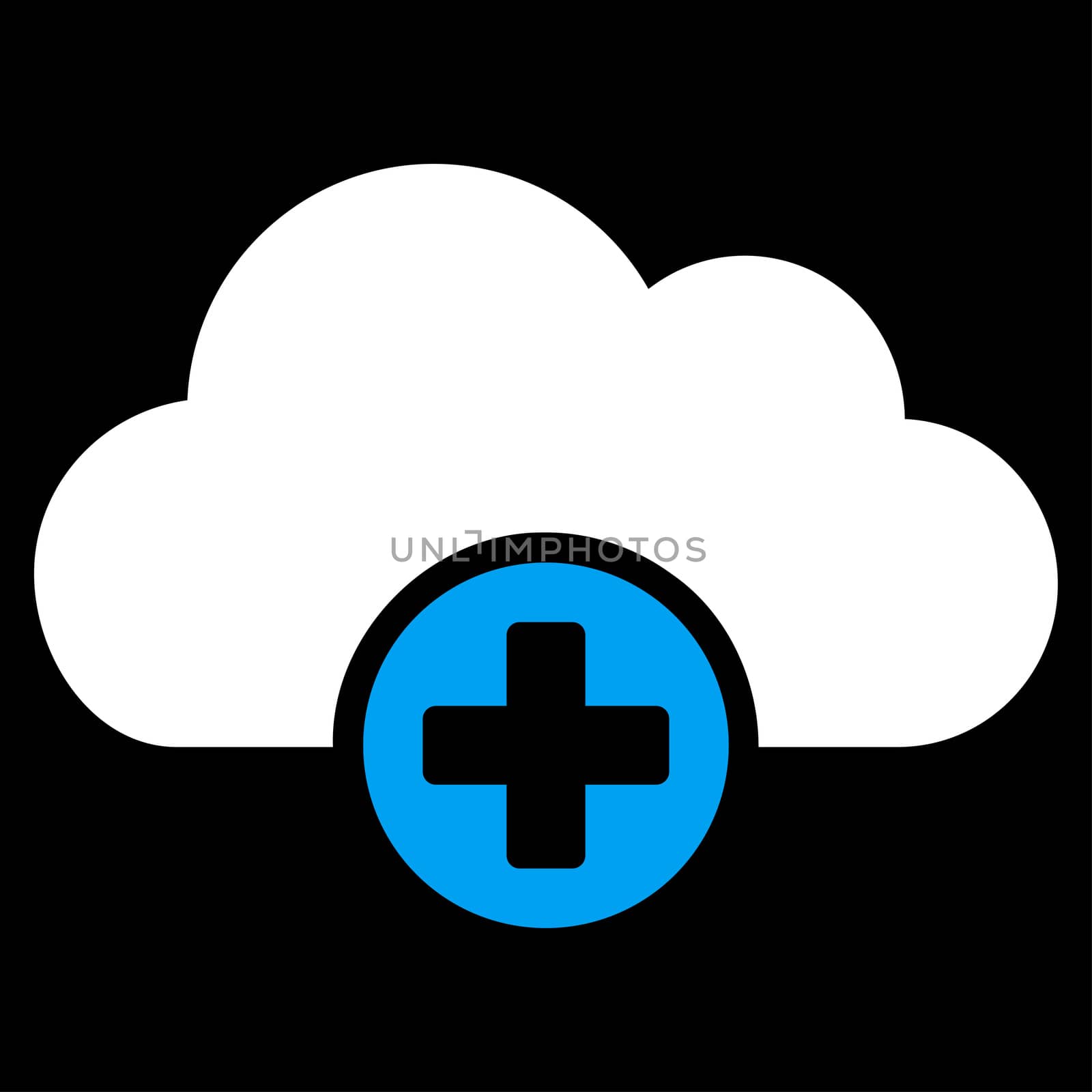 Cloud Medicine raster icon. Style is bicolor flat symbol, blue and white colors, rounded angles, black background.
