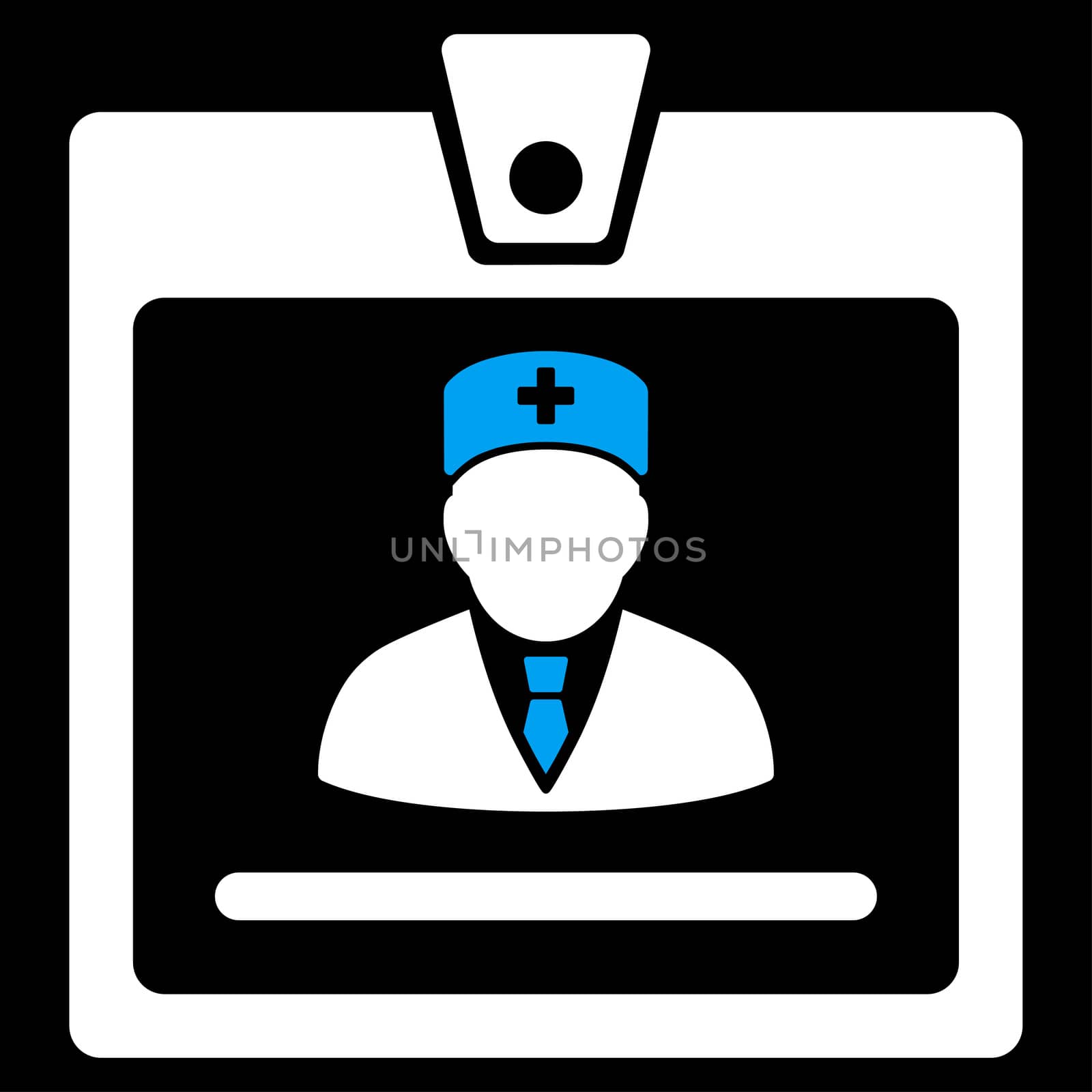 Doctor Badge raster icon. Style is bicolor flat symbol, blue and white colors, rounded angles, black background.