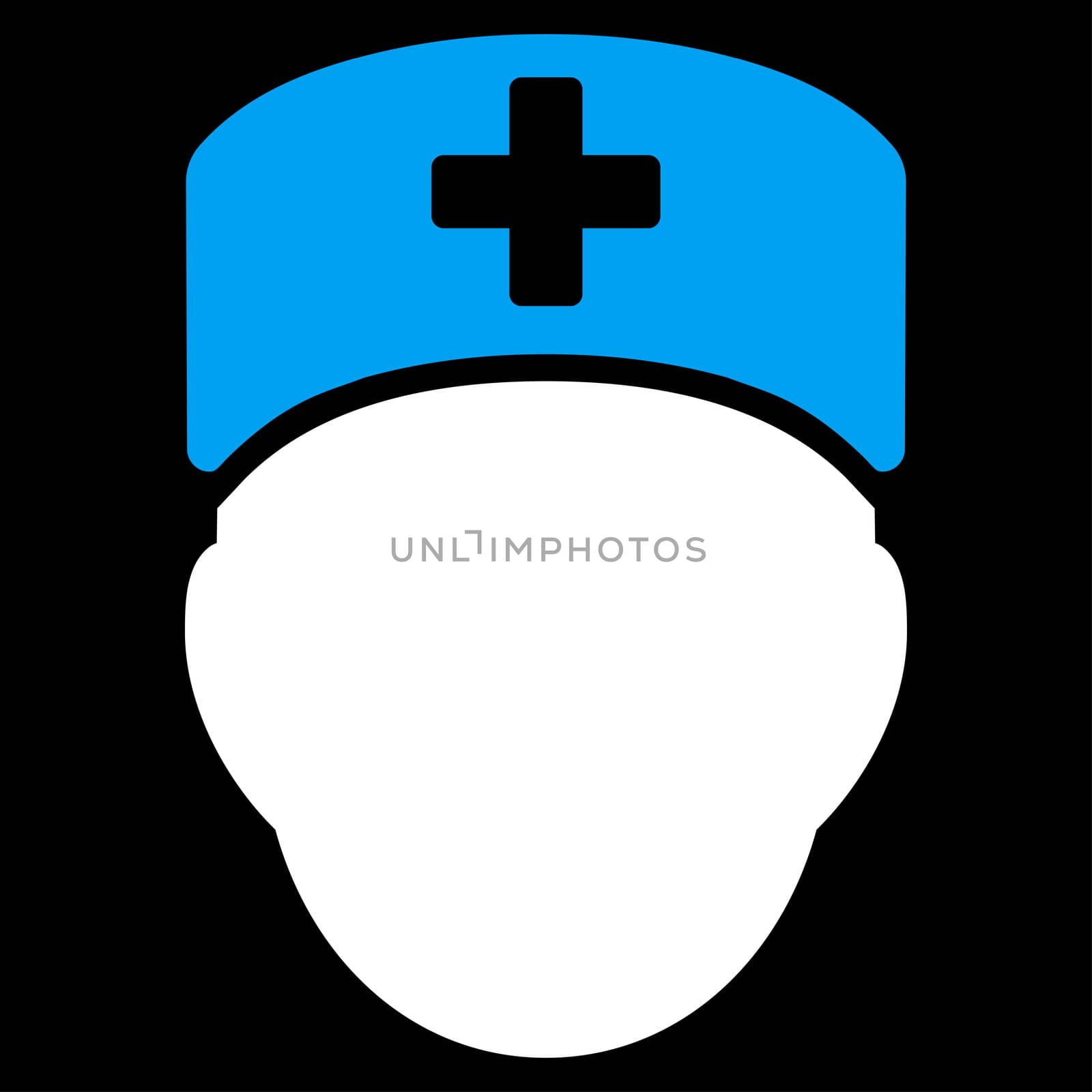 Doctor Head raster icon. Style is bicolor flat symbol, blue and white colors, rounded angles, black background.