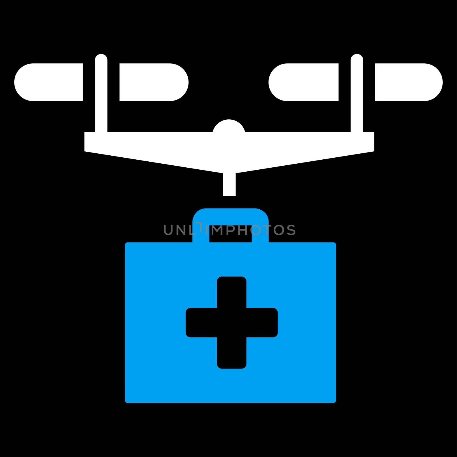 Drug Drone Delivery raster icon. Style is bicolor flat symbol, blue and white colors, rounded angles, black background.