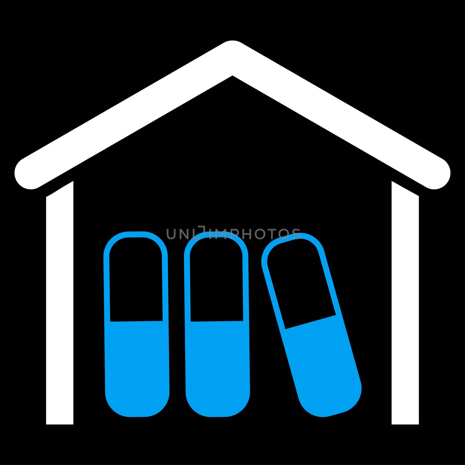 Drugs Garage raster icon. Style is bicolor flat symbol, blue and white colors, rounded angles, black background.