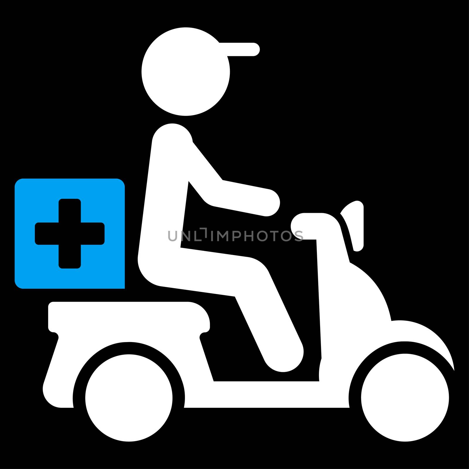 Drugs Motorbike Delivery raster icon. Style is bicolor flat symbol, blue and white colors, rounded angles, black background.